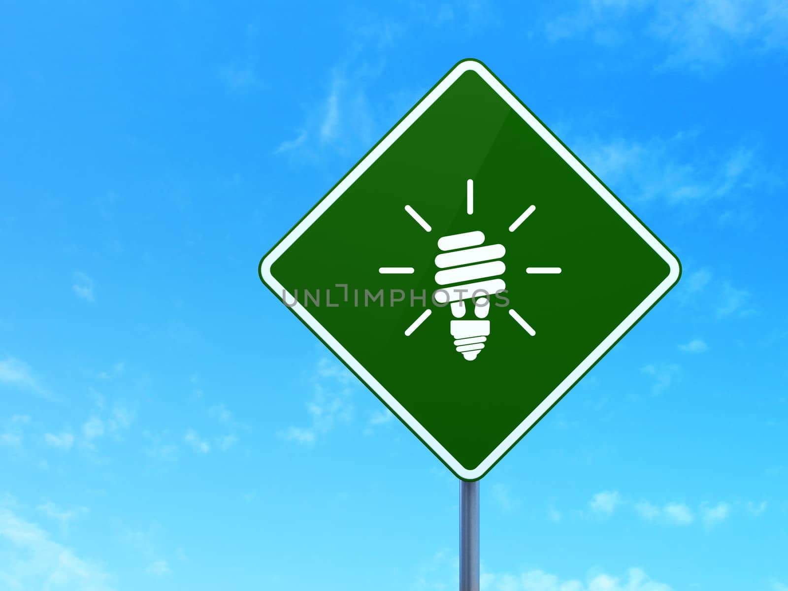 Business concept: Energy Saving Lamp on green road (highway) sign, clear blue sky background, 3d render