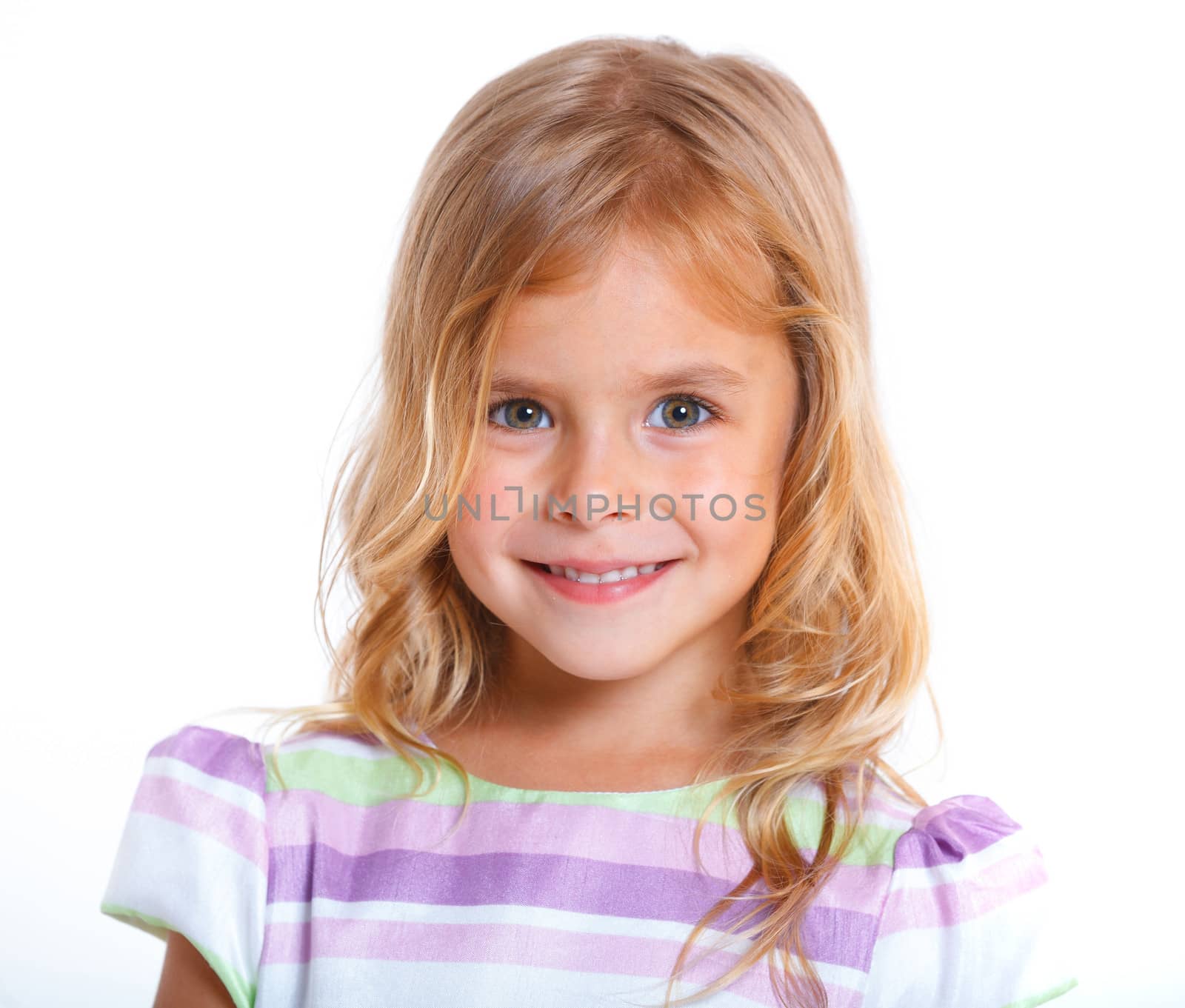 Portrait of beautiful little girl happy smiling on studio. Isolated white background