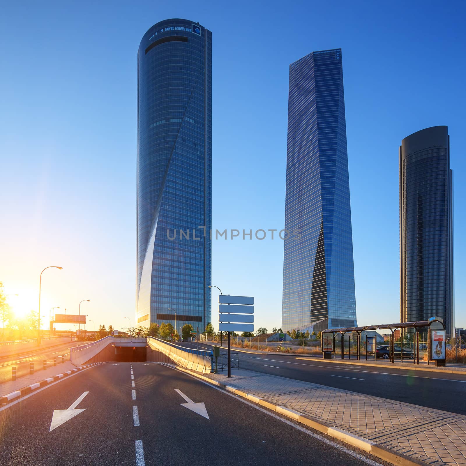 four modern skyscrapers at sunrise Madrid, Spain