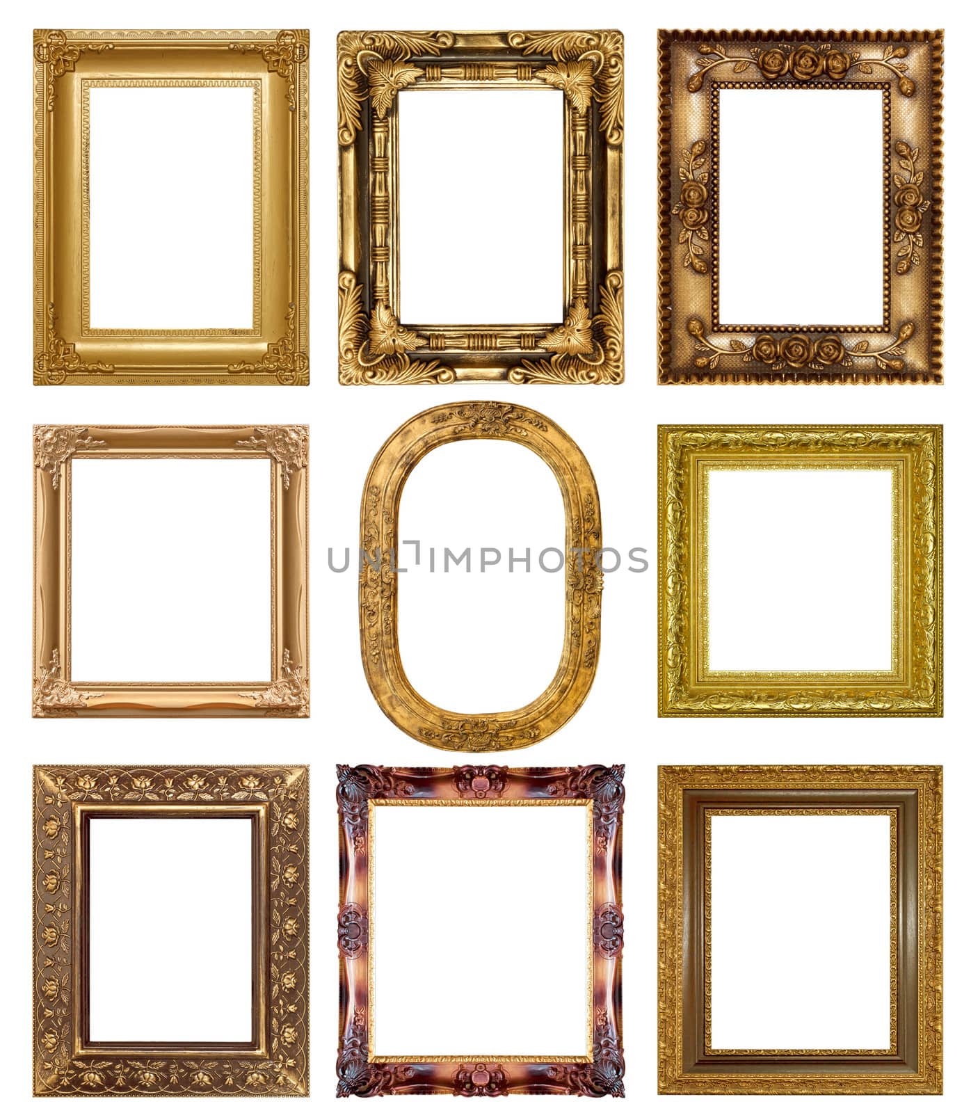 Old antique gold picture frame wall, wallpaper, decorative objects isolated white background