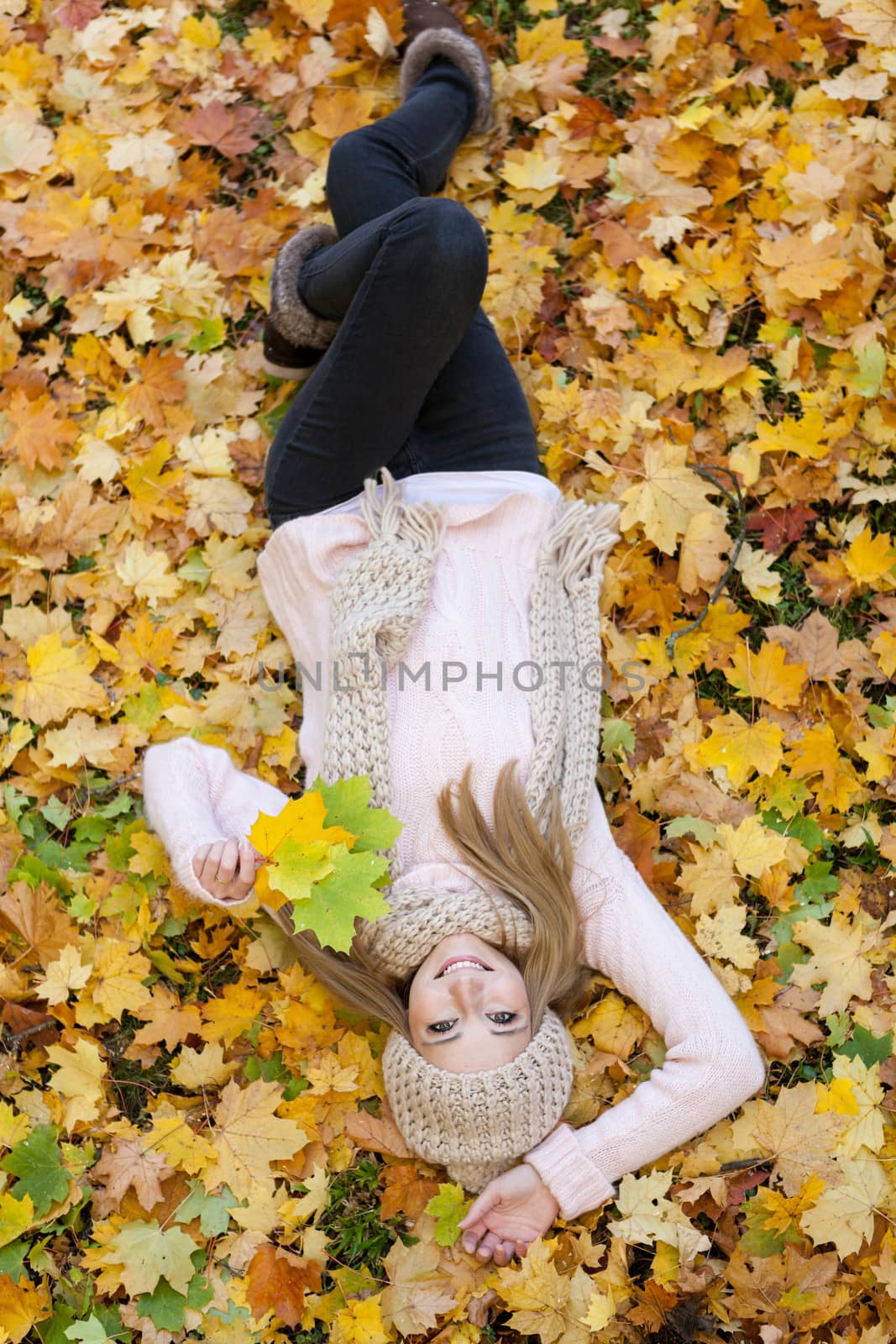 attractive young woman relaxing in atumn park outdoor nature yellow