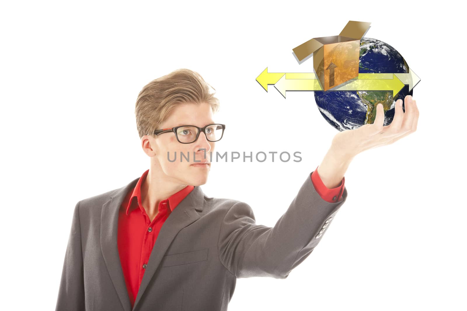Young man holding earth with transport symbols isolated on white. Elements of this image are furnished by NASA