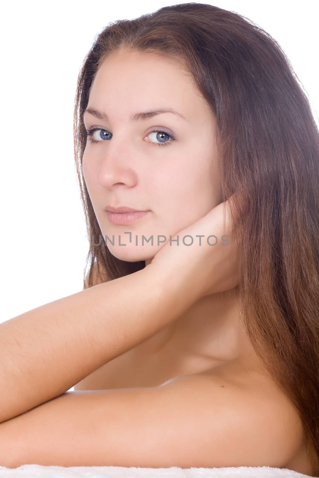 Beautiful Girl Touching Her Face. Isolated on a White  by Irina1977