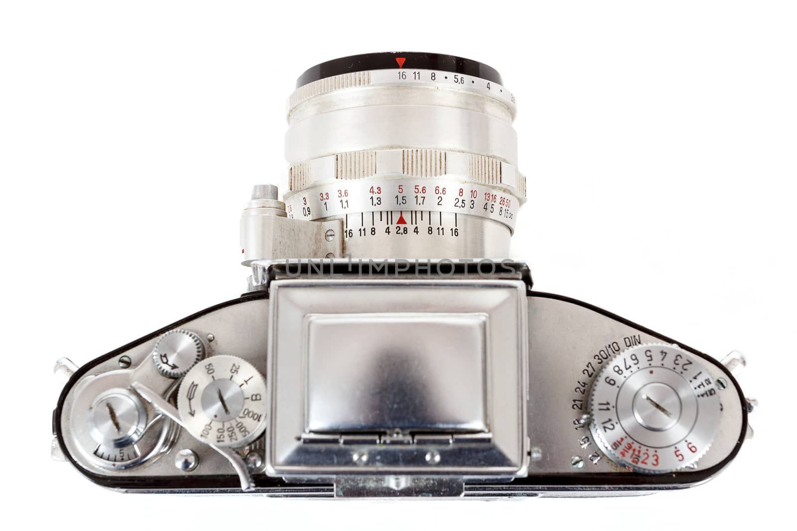 top view of retro old vintage analog photo camera on white background view from the side