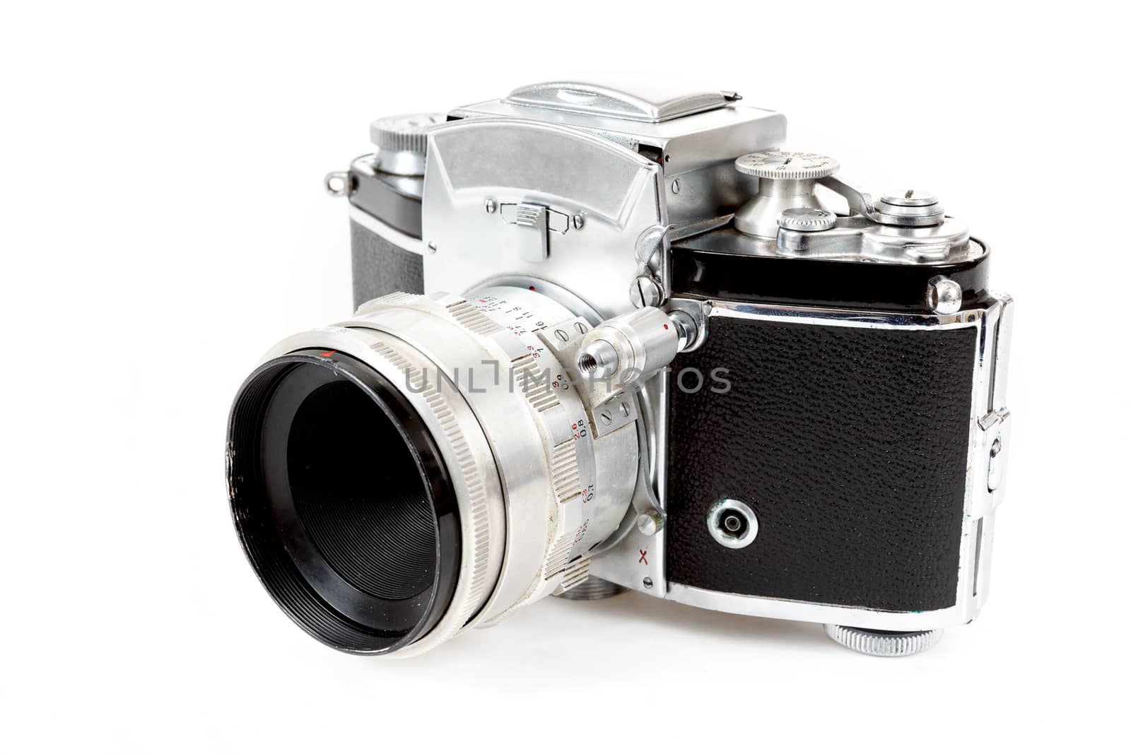 retro old vintage analog photo camera on white background view from the side