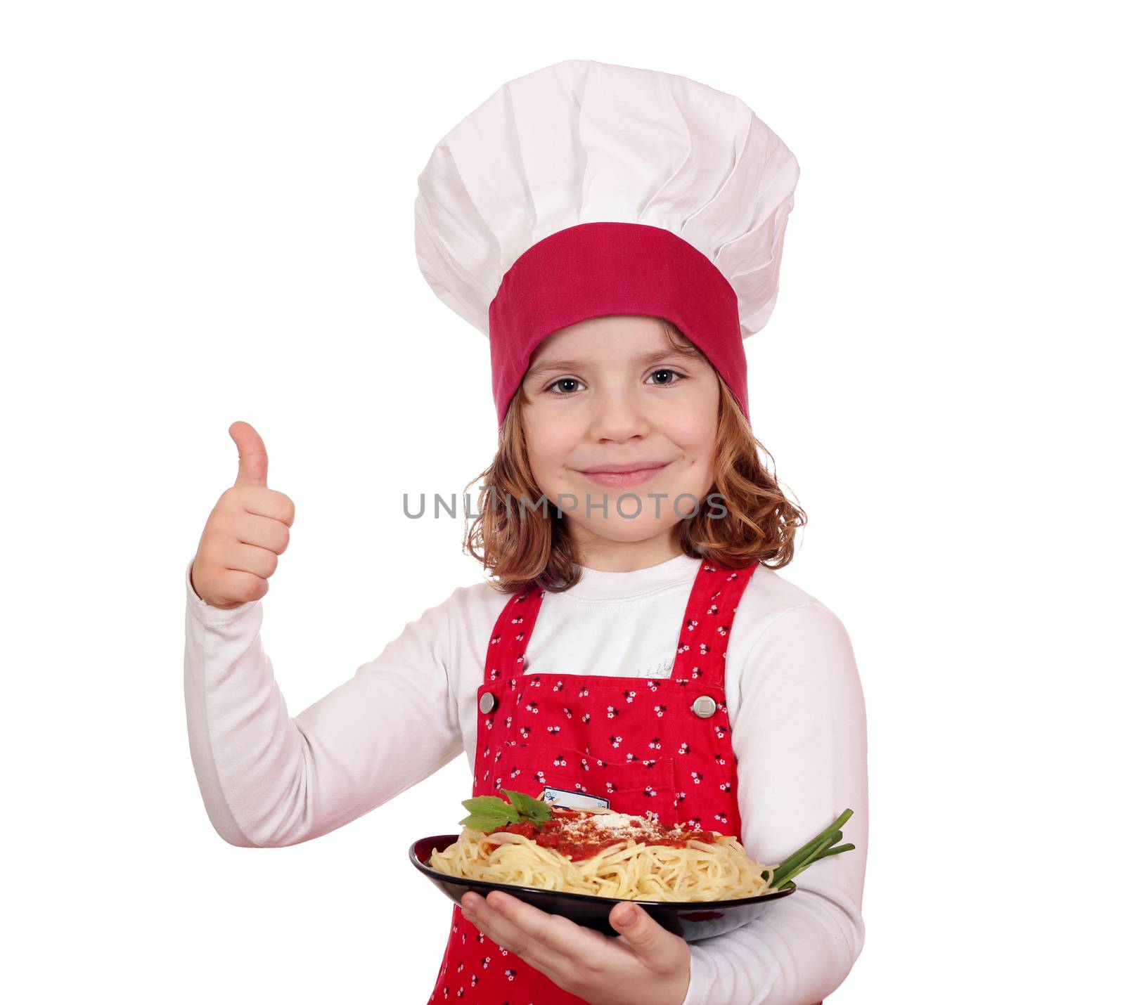 beautiful little girl cook with thumb up and spaghetti by goce