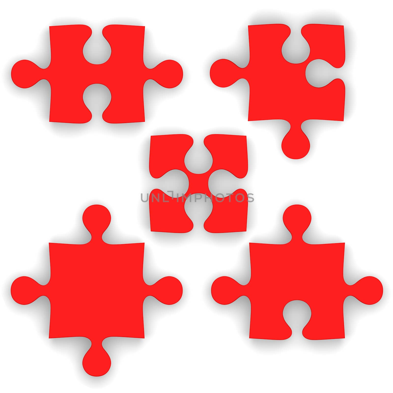 Red puzzle pieces isolated on white background. Pieces fit together nicely when cut off.