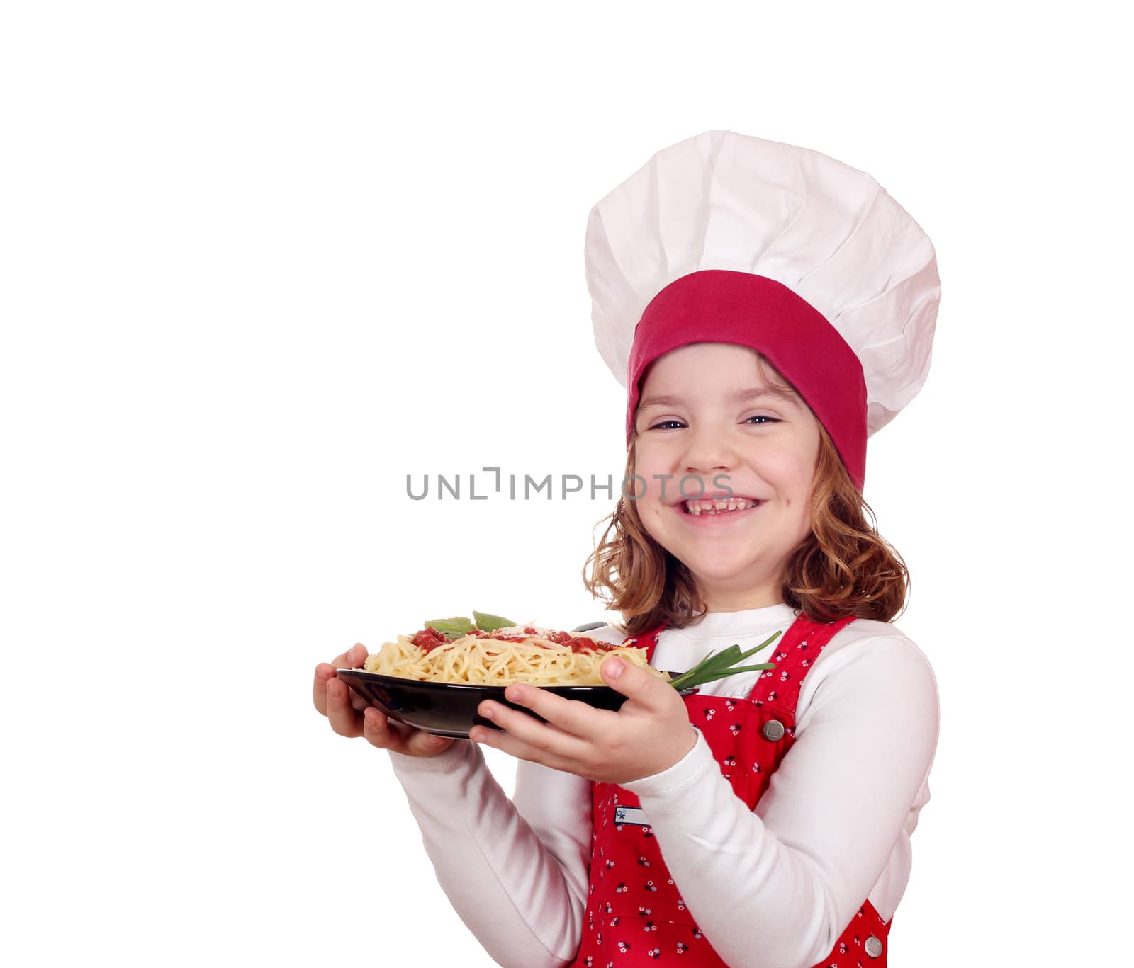 happy little girl cook with spaghetti on white  by goce