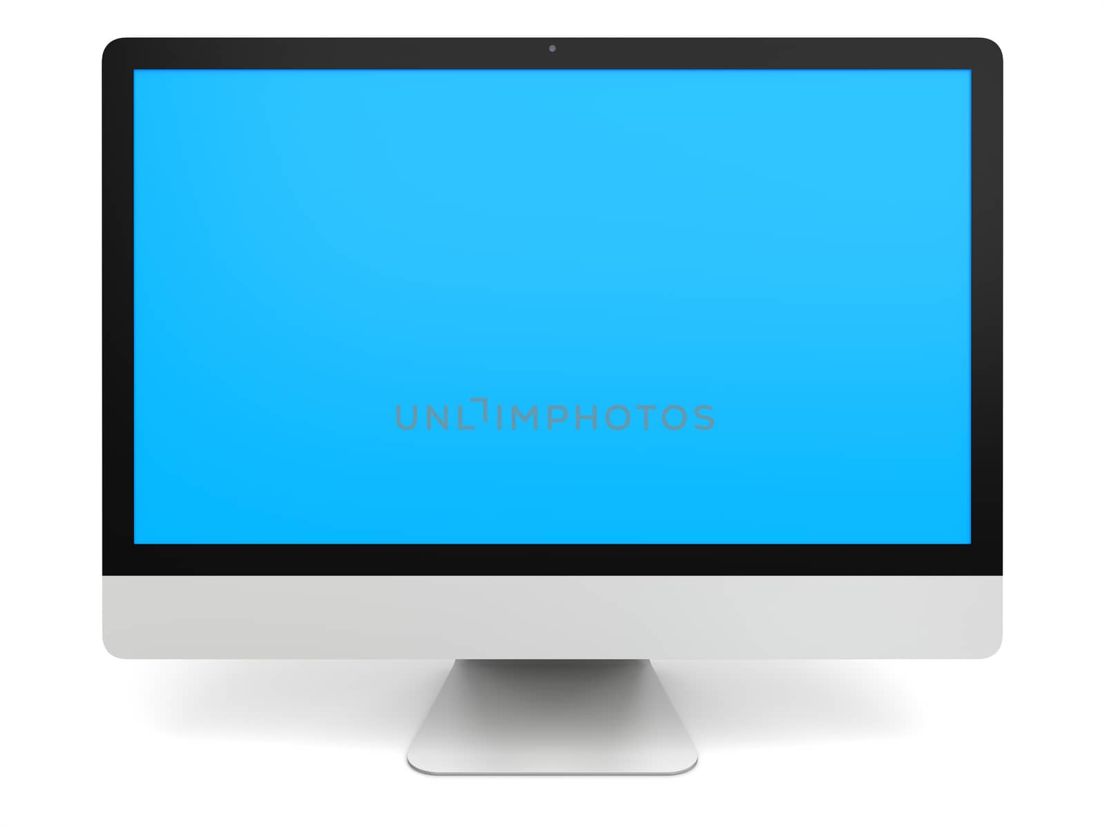 Modern desktop computer with blue screen isolated on white background