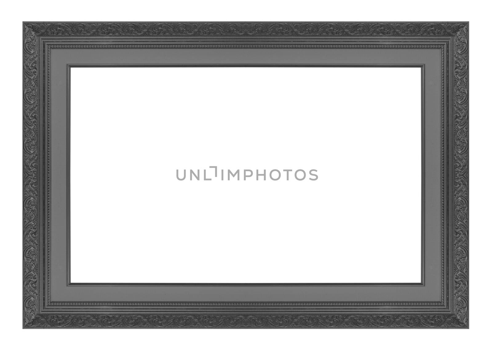 Isolated black picture frame wood white background.