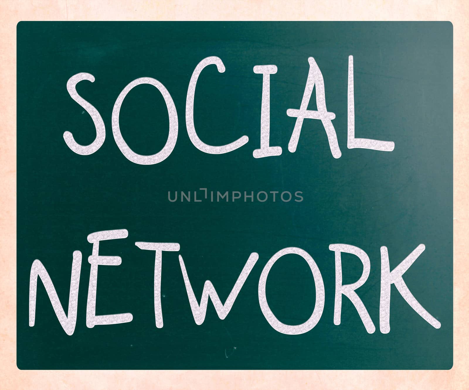 The word "Social network" handwritten with white chalk on a blackboard