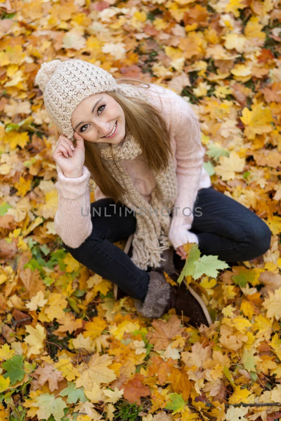 attractive young woman relaxing in atumn park outdoor nature yellow