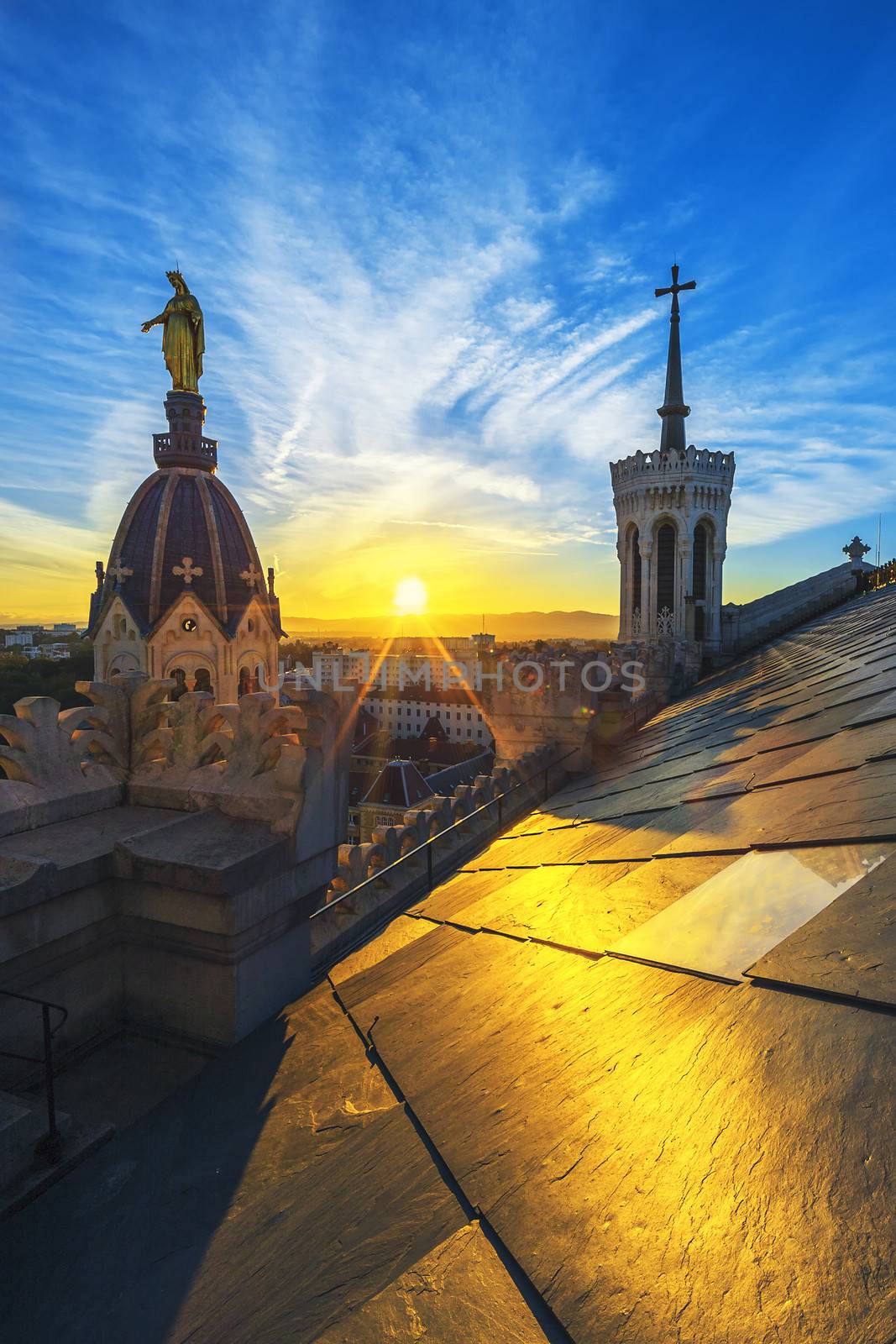 Sunset on the top of basilica, Lyon, France