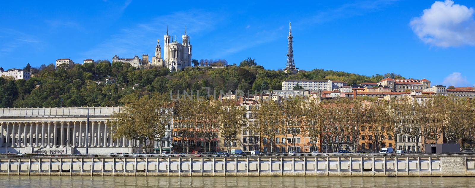 Panoramic view of Lyon with basilica and courthouse