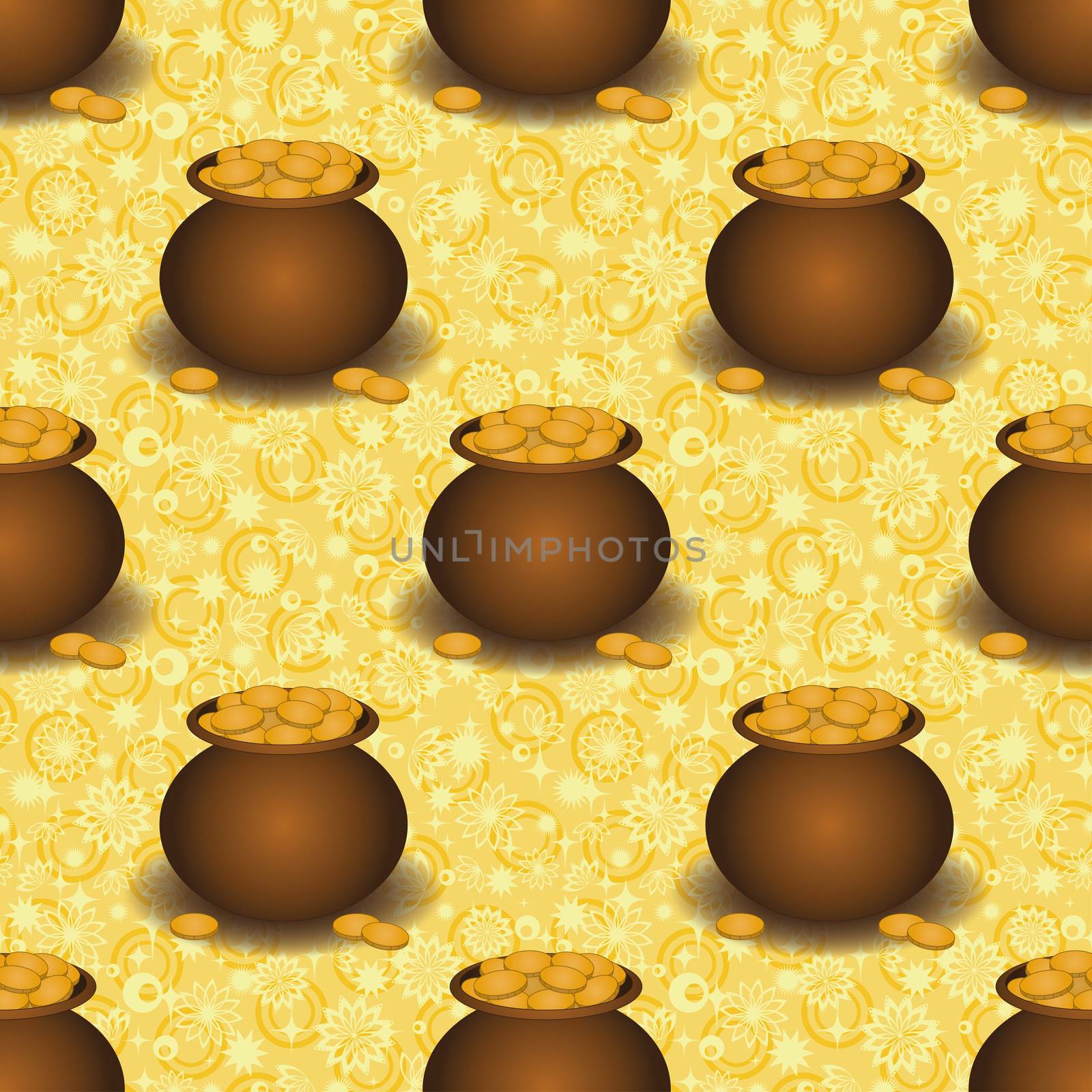 Seamless background, clay pots with gold coins and abstract pattern. , contains transparencies.