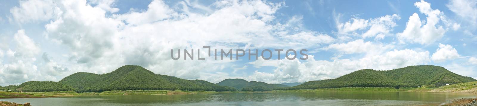 Natural forest landscape mountains sky water clouds.