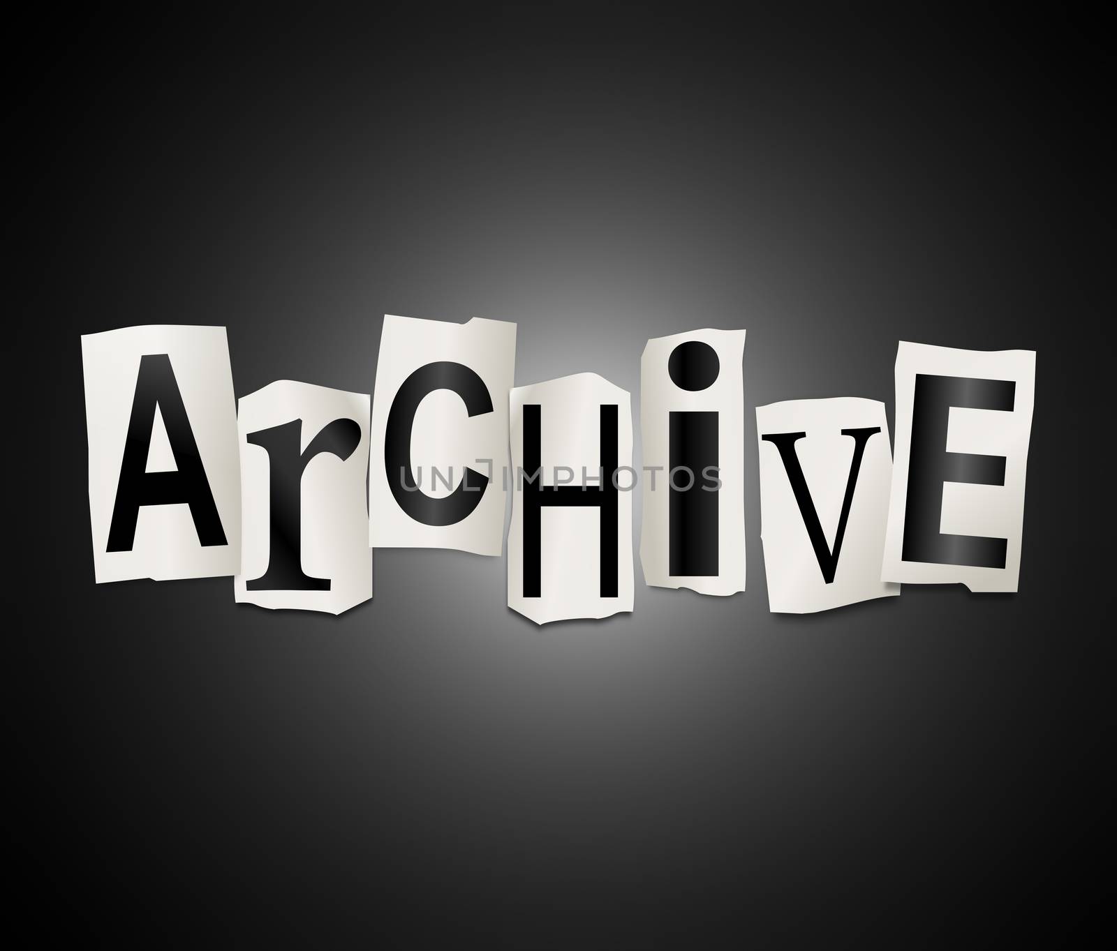 Illustration depicting a set of cut out printed letters arranged to form the word archive.