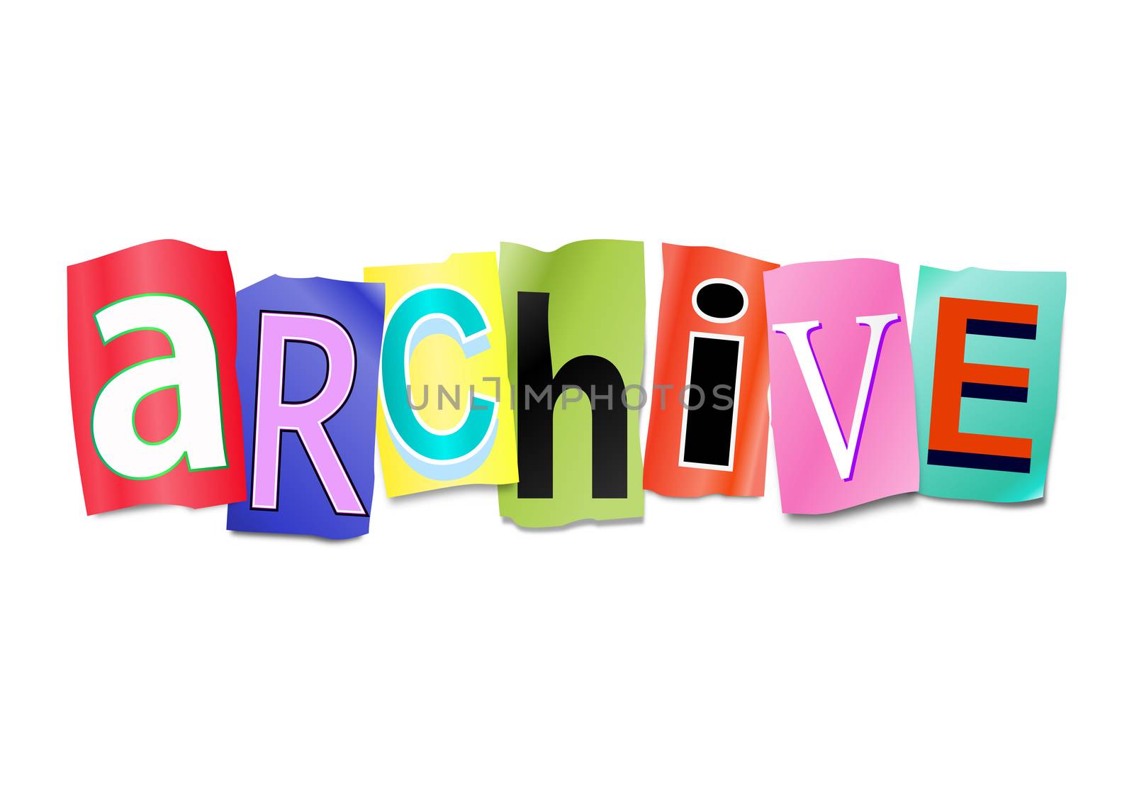 Illustration depicting a set of cut out printed letters arranged to form the word archive.
