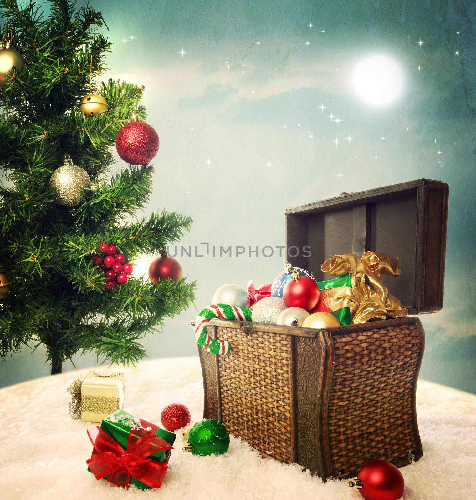 Treasure box filled with Christmas ornaments and presents by melpomene