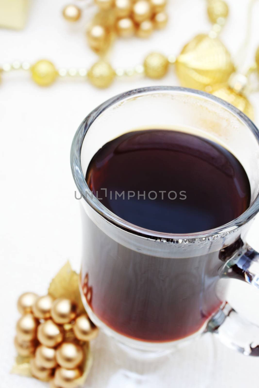 Cup of Coffee with Christmas Ornaments and Beads