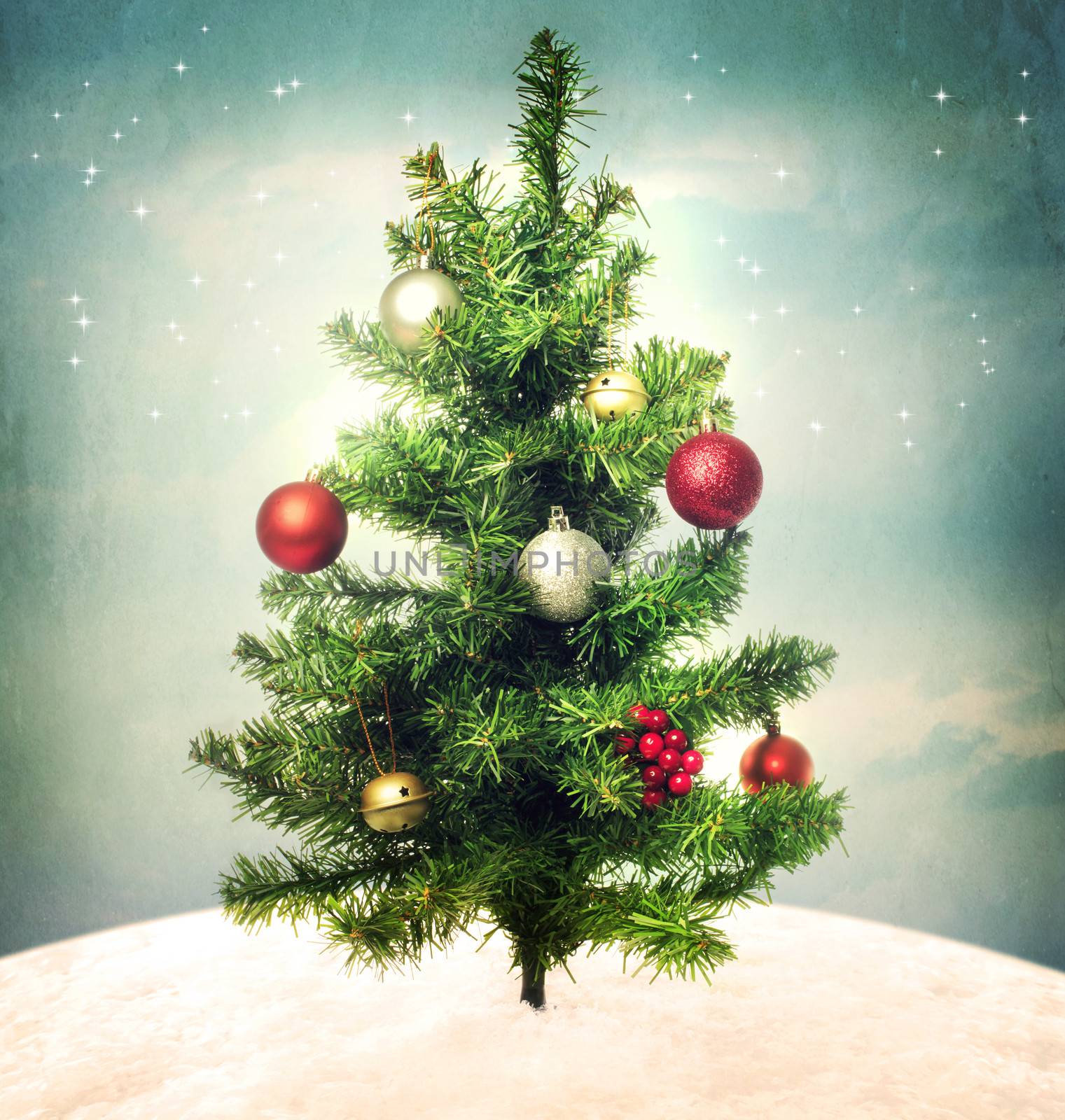 Decorated Christmas tree on hilltop by melpomene