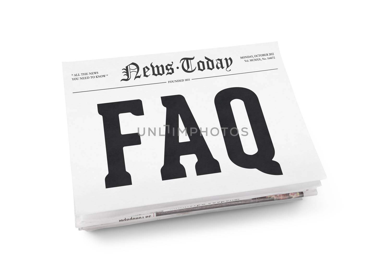 FAQ word writing on the front page of newspaper stack. Isolated on white background