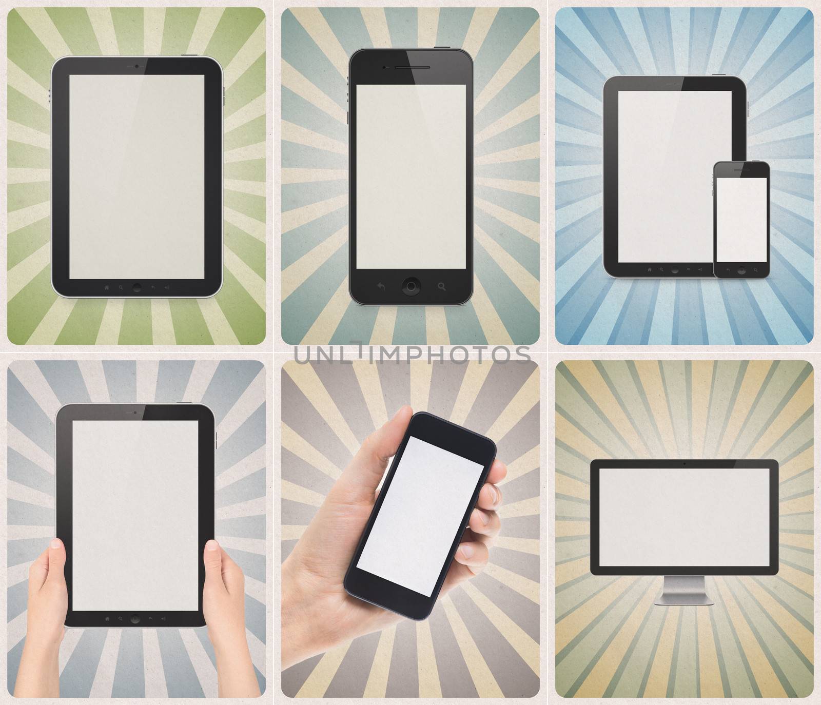 Set of six retro style posters or vintage advertisements with blank modern digital devices, such as smartphone, digital tablet, modern computer monitor on a different grunge paper background texture with sunbeam stripes.