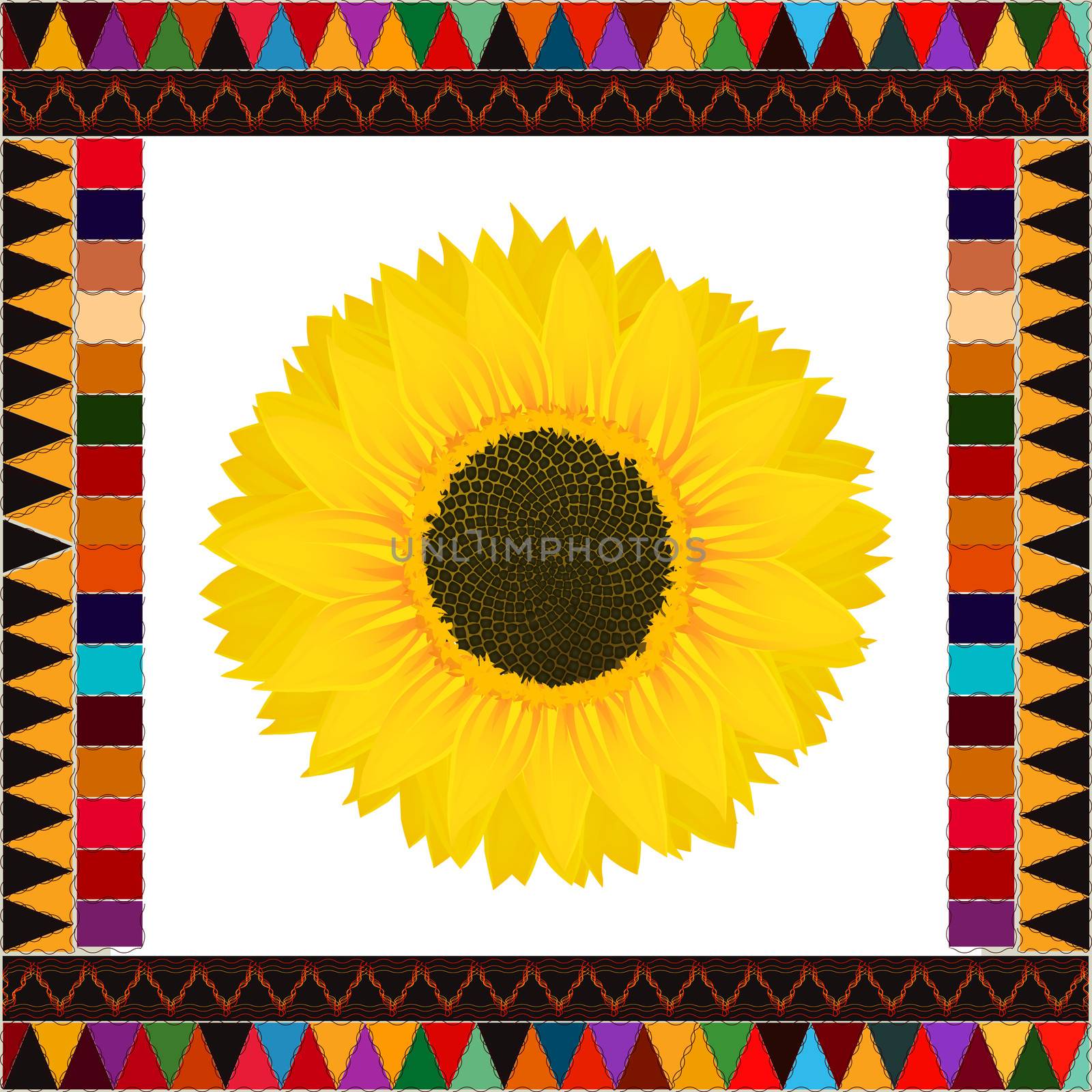 Realistic sunflower background on a decorative frame