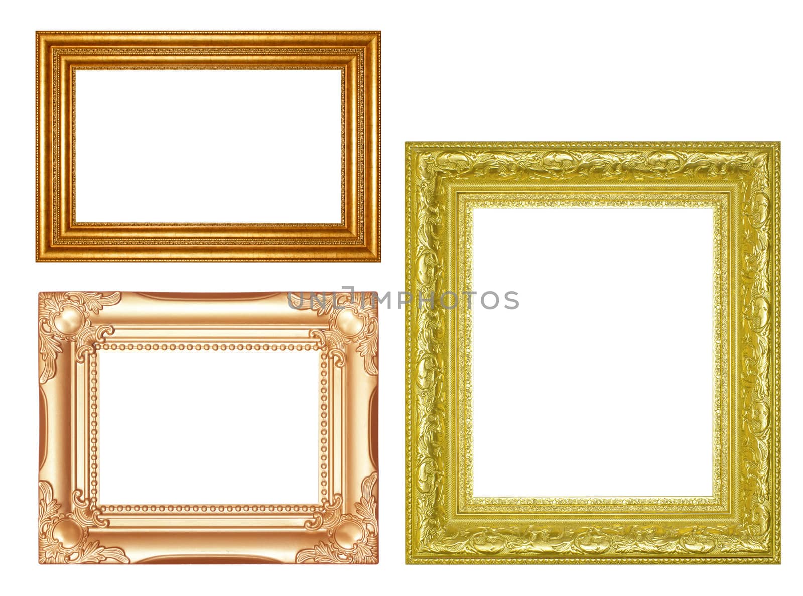 Old Antique gold  frame Isolated Decorative Carved Wood Stand Antique  Frame Isolated On White Background
