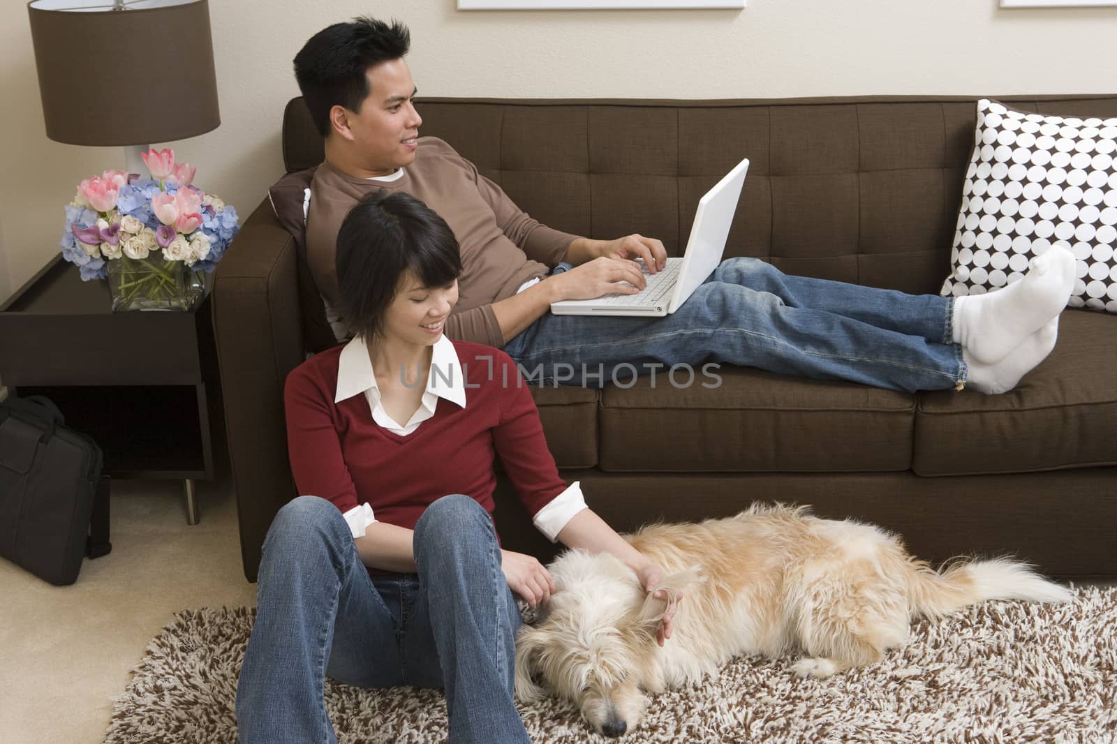 Woman playing with dog while man on sofa using laptop by moodboard
