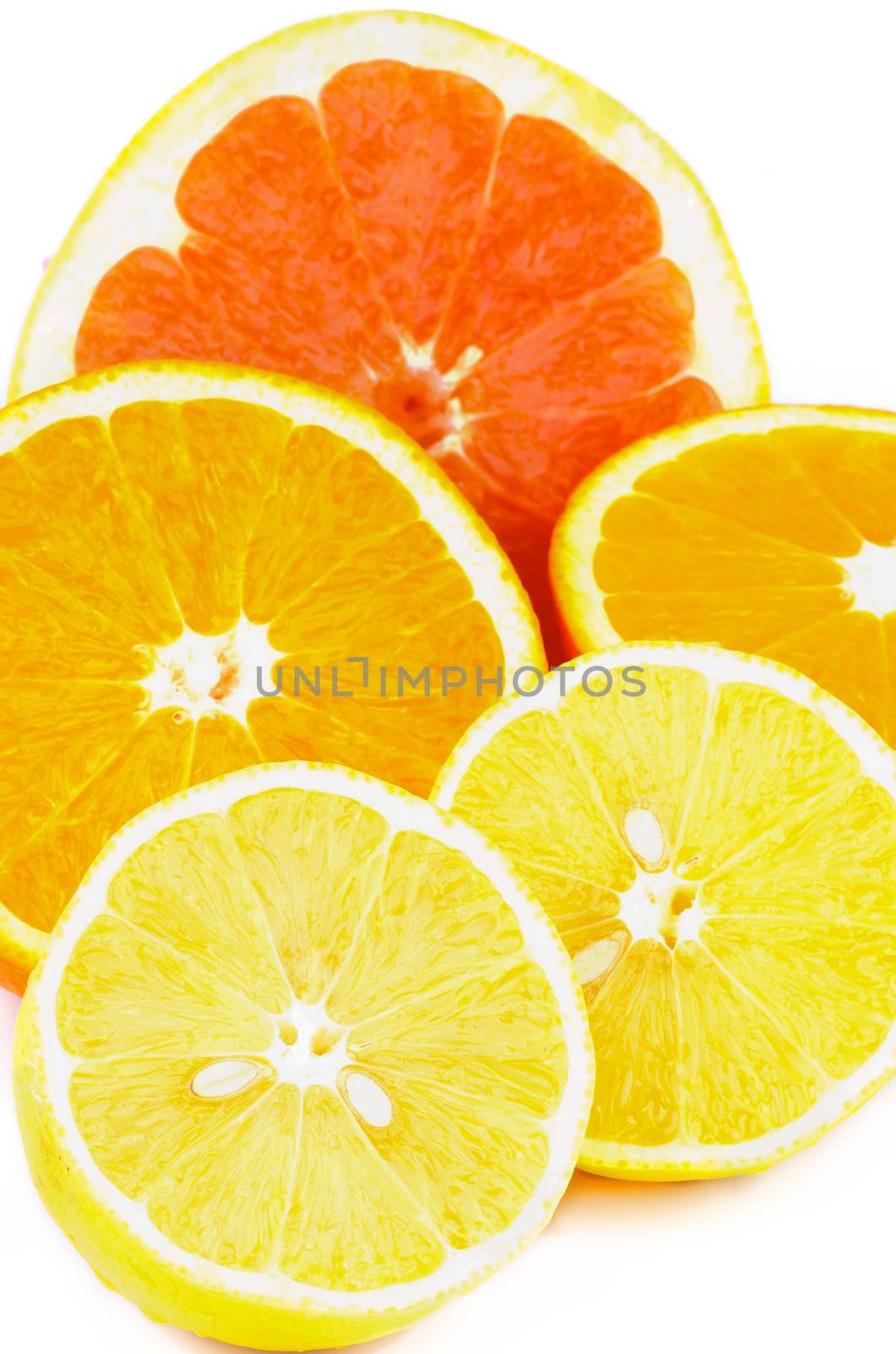 Halves of Fresh Ripe Grapefruit, Oranges and Lemons closeup on white background