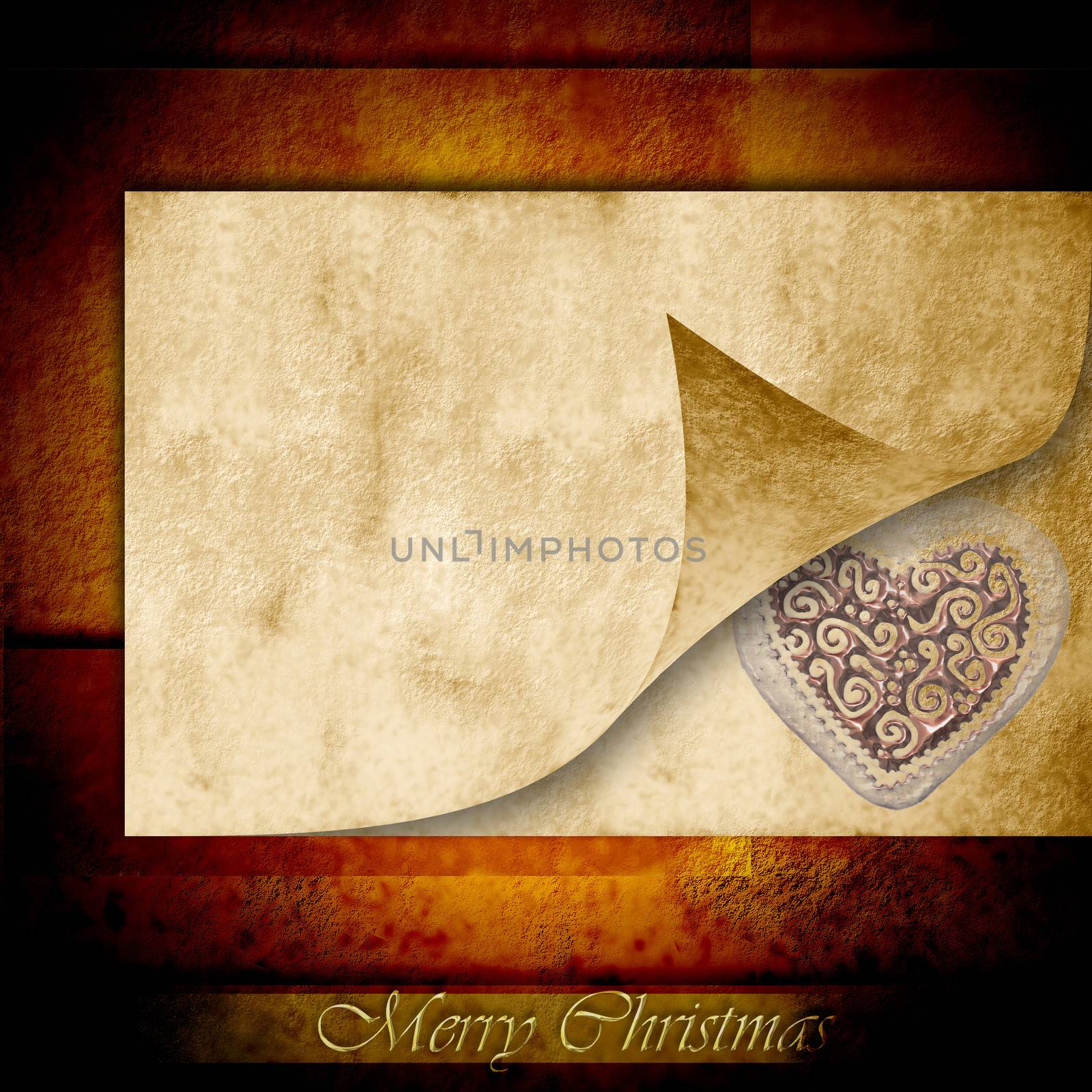 merry christmas card, heart on parchment, brown background