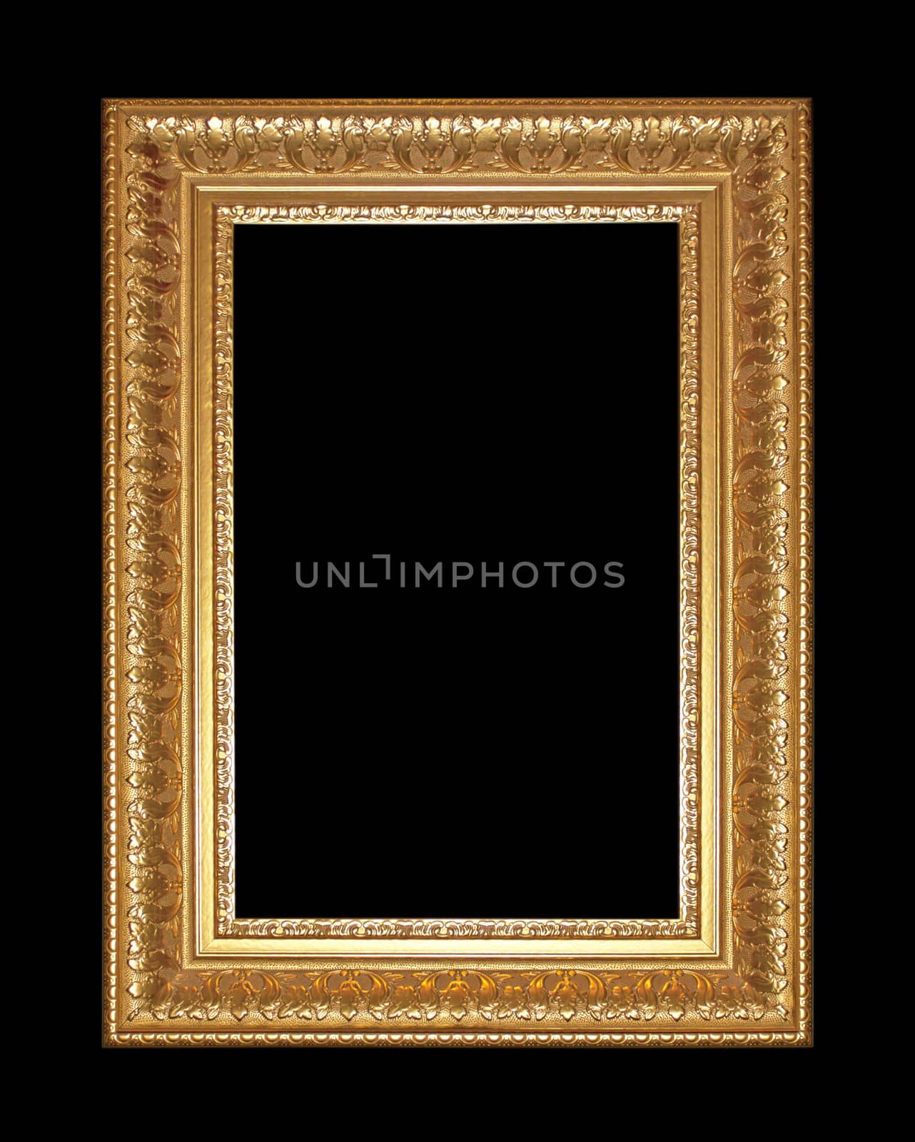 Old Antique gold  frame Isolated Decorative Carved Wood Stand Antique Black  Frame Isolated On black Background