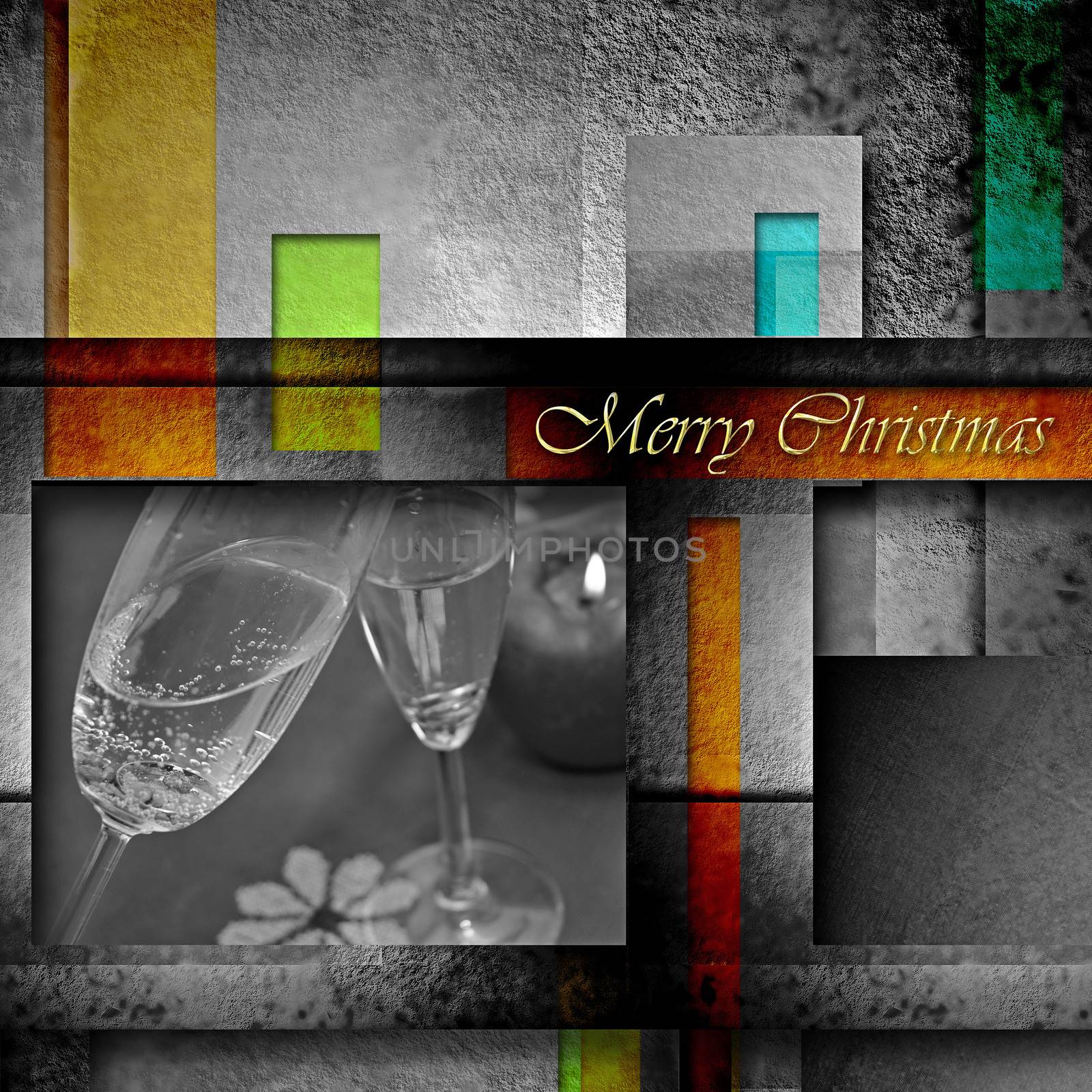 modern christmas card, toast with two glasses of champagne and geometric background with text