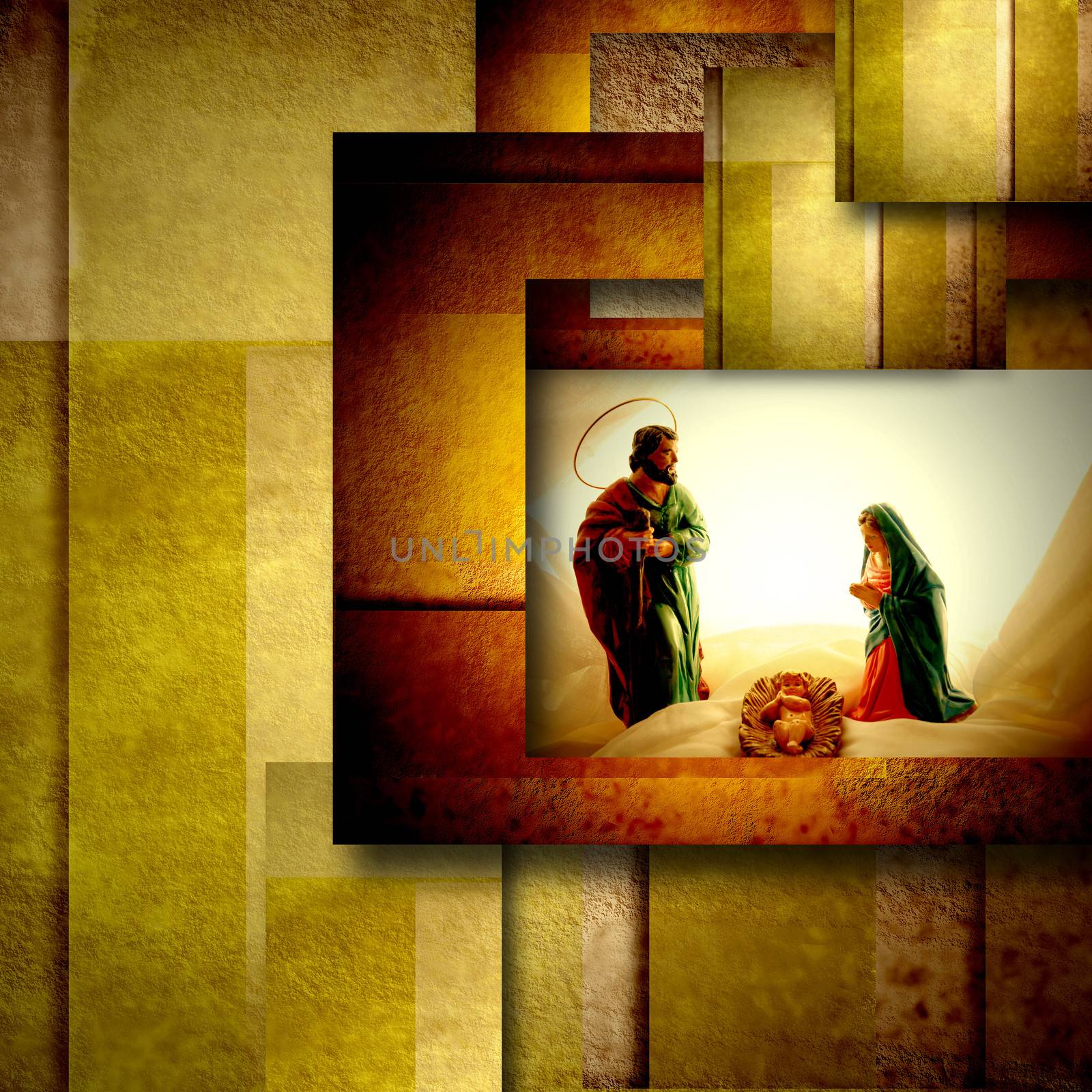 christmas card holy family, modern geometric background in gold
