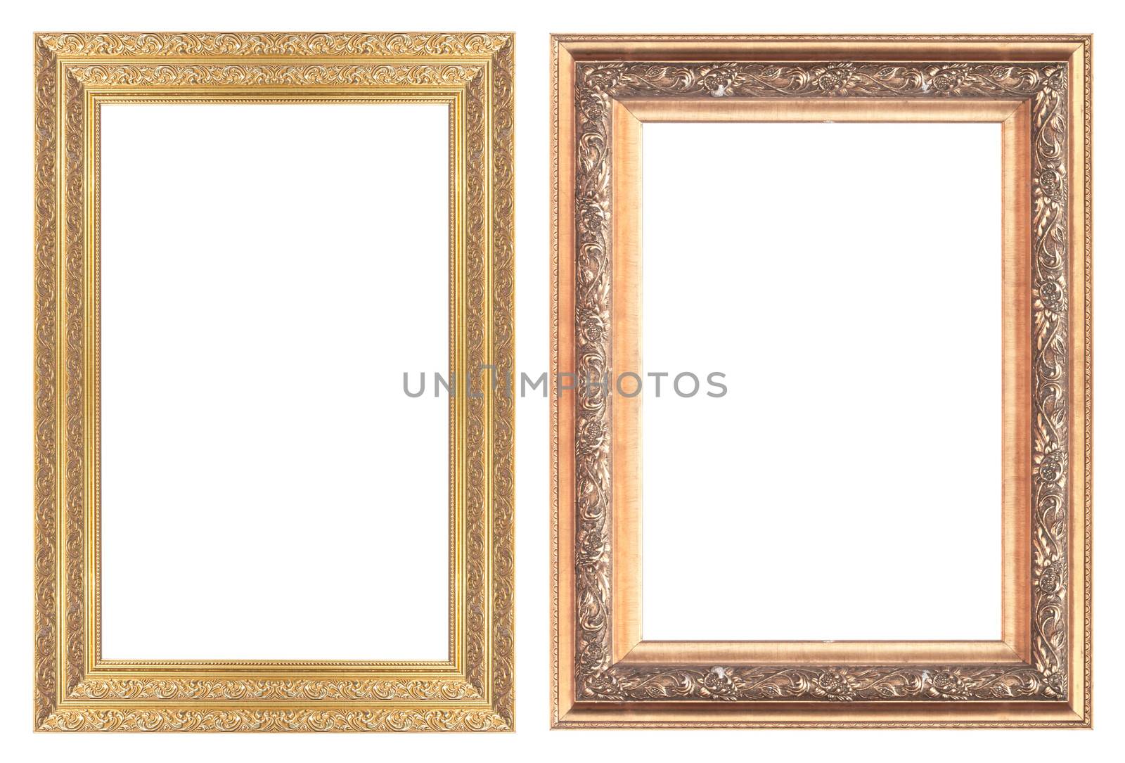 Old antique gold picture frame wall, wallpaper, decorative objects isolated white background.