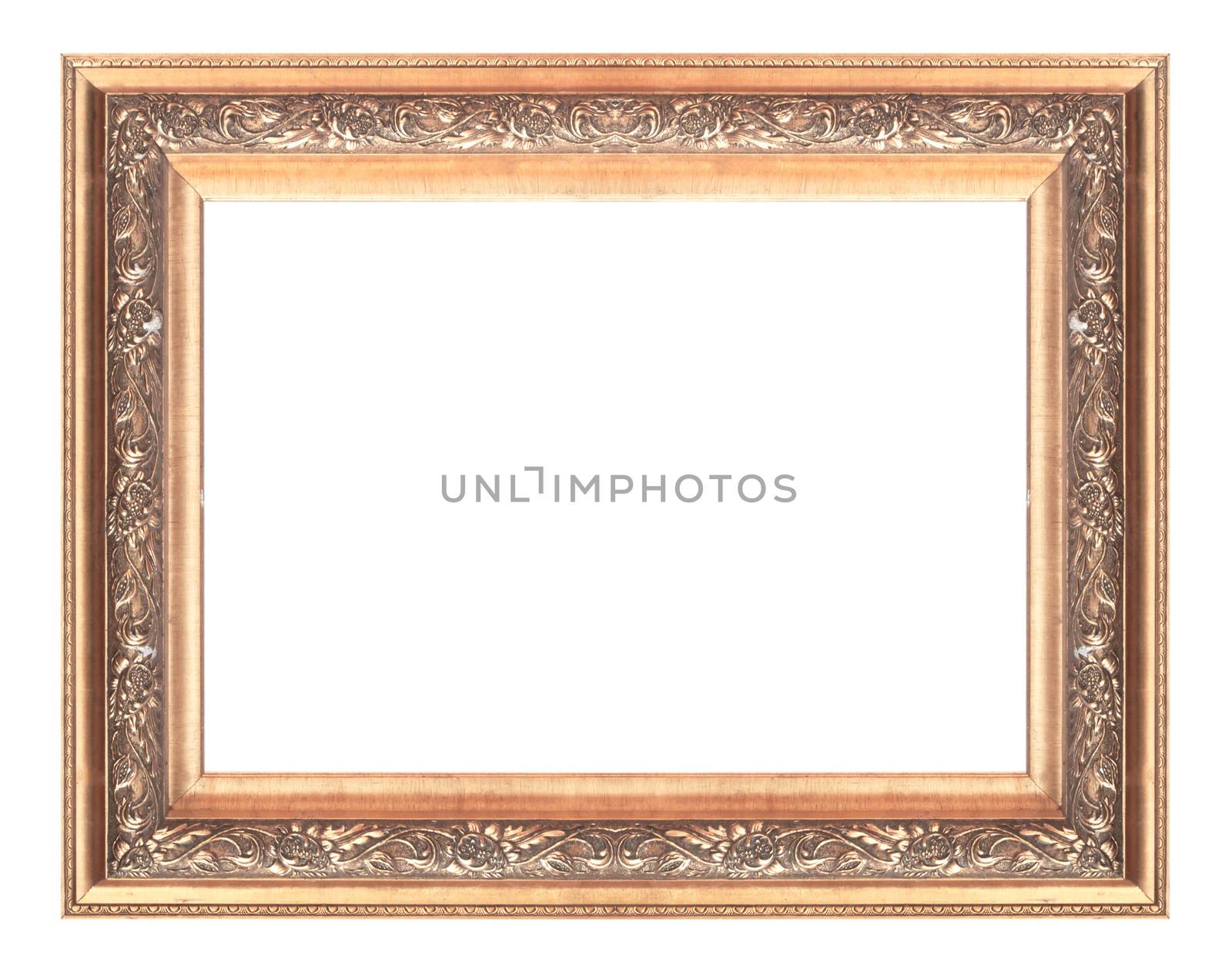 Old antique gold picture frame wall, wallpaper, decorative objects isolated white background.