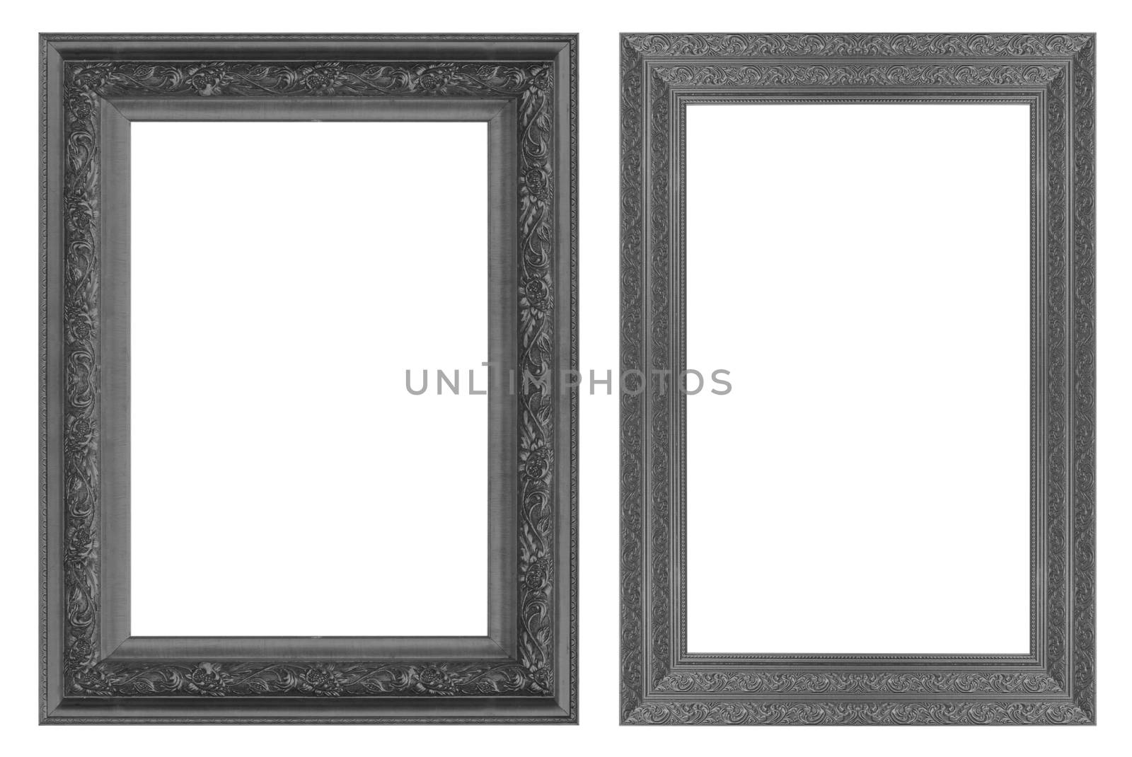 Old antique black picture frame wall, wallpaper, decorative objects isolated white background