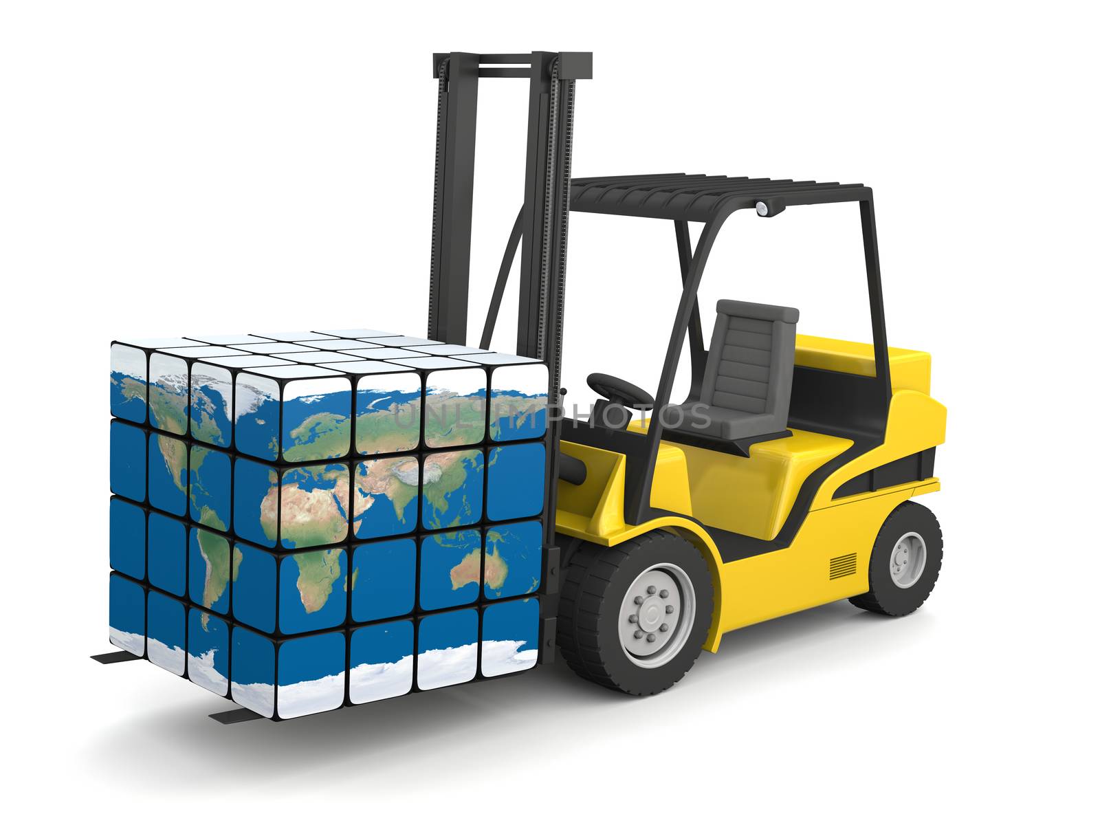 Concept of global transportation, modern yellow forklift carrying planet Earth in form of cube, isolated on white background. Elements of this image furnished by NASA.