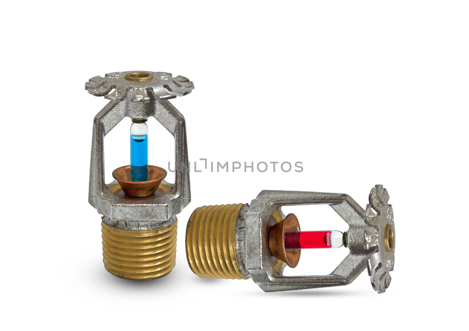 two glass filled sprinkler heads over a white background