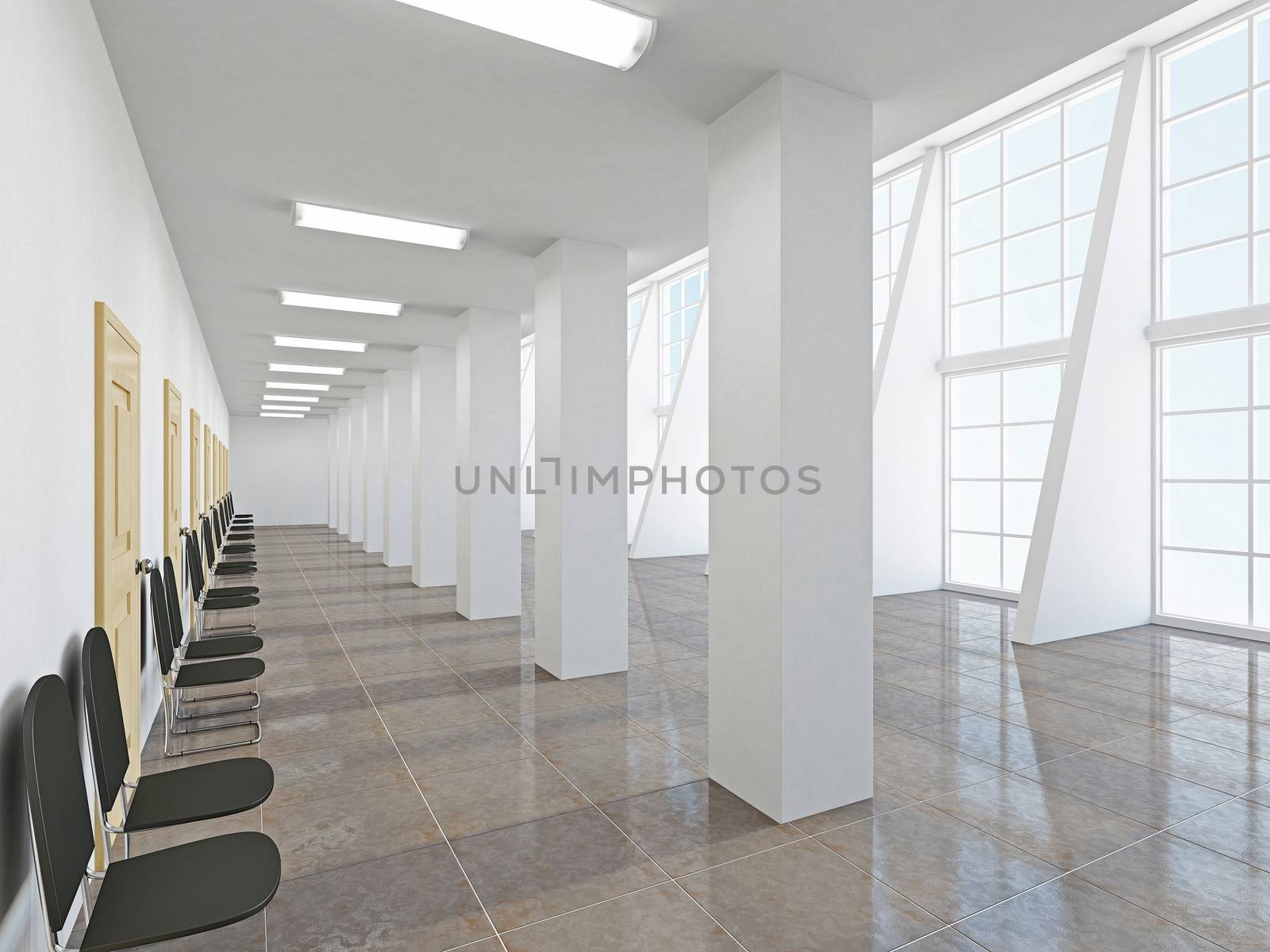 The empty long corridor with large windows