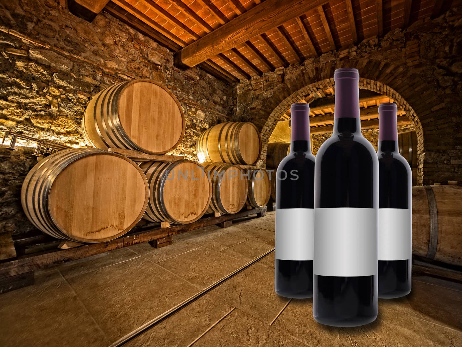 wine bottles in front of oak barrels by f/2sumicron