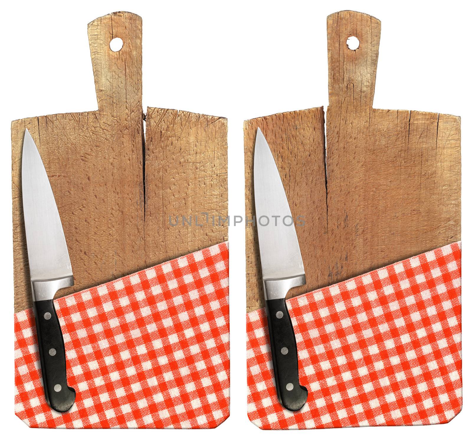 Used chopping or cutting board isolated on white with red checked tablecloth
and kitchen knife 
