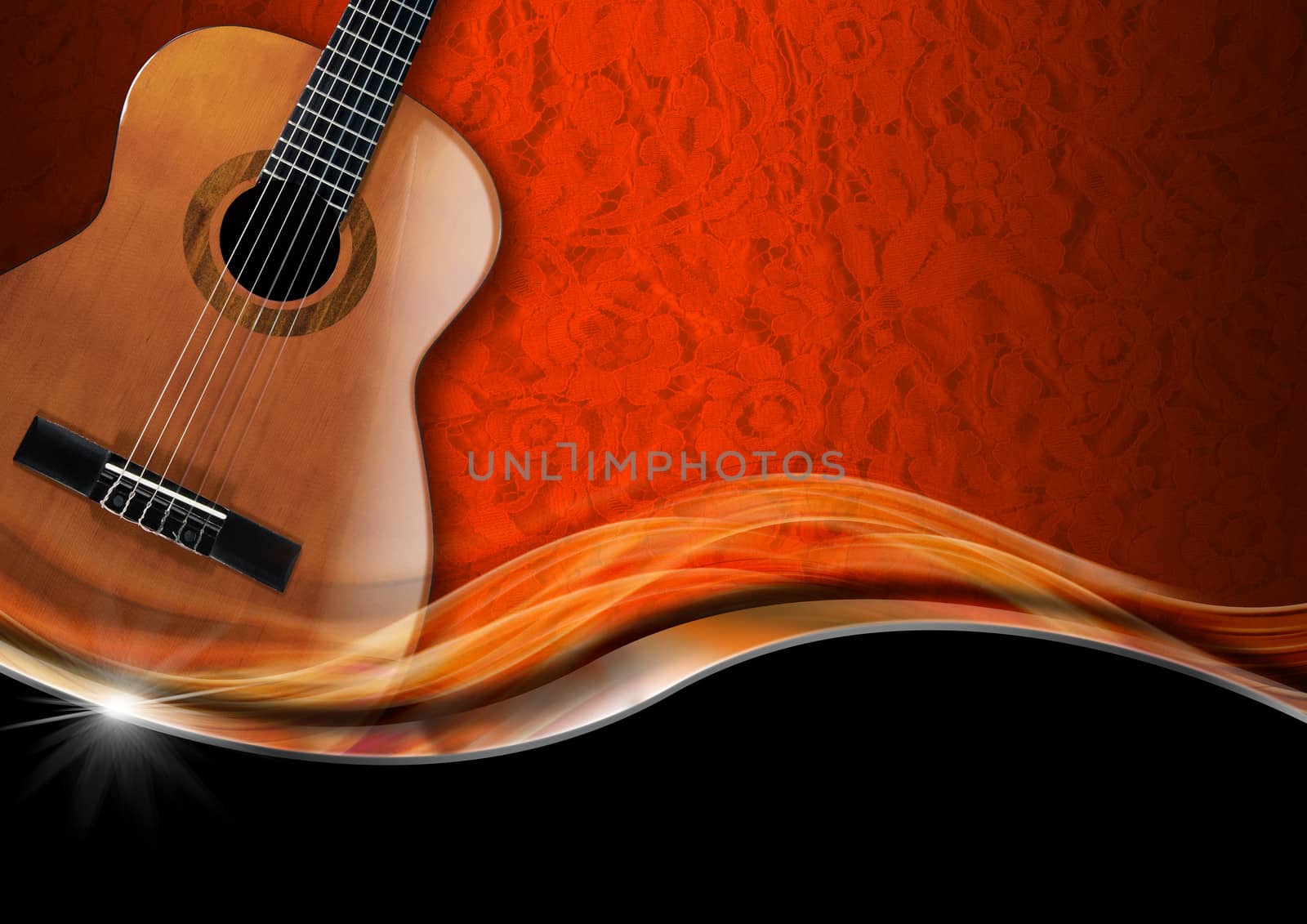 Acoustic Guitar on orange texture with ornate floral seamless with metal wave and black background