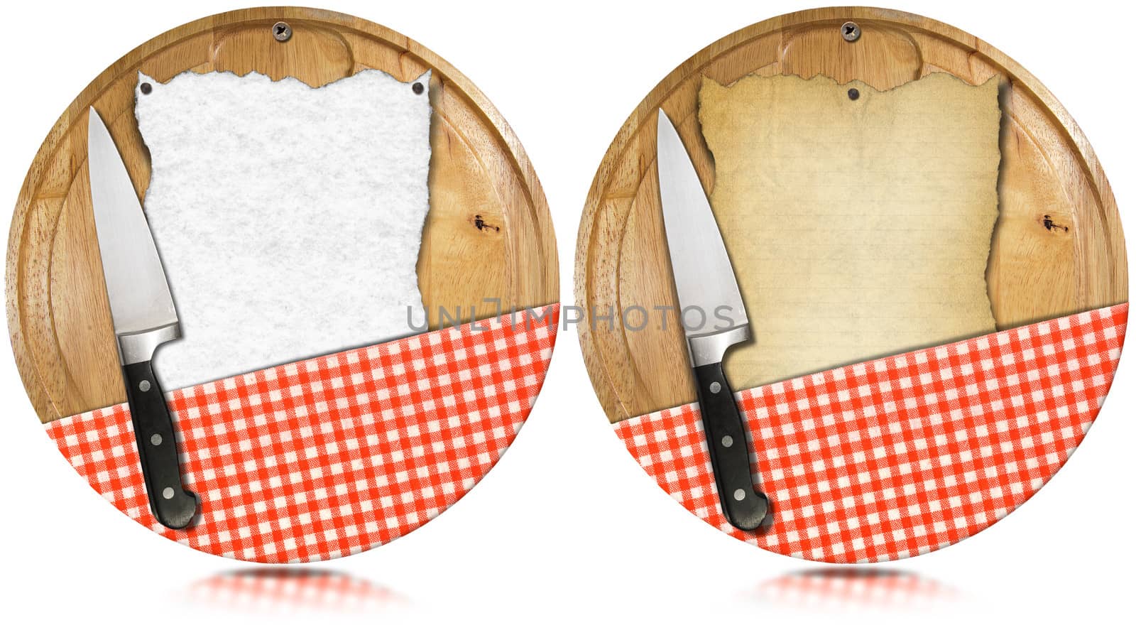 Two notebooks for recipes or menu on used wooden cutting boards with kitchen knife and red checked tablecloth