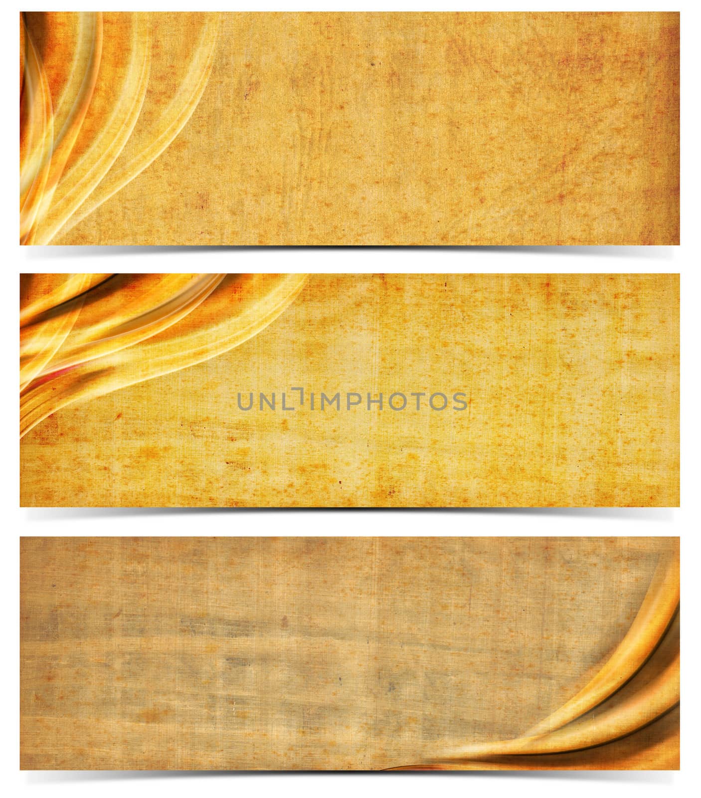 Set of three banners or headers with empty old yellowed paper with mold stains and blurred waves
