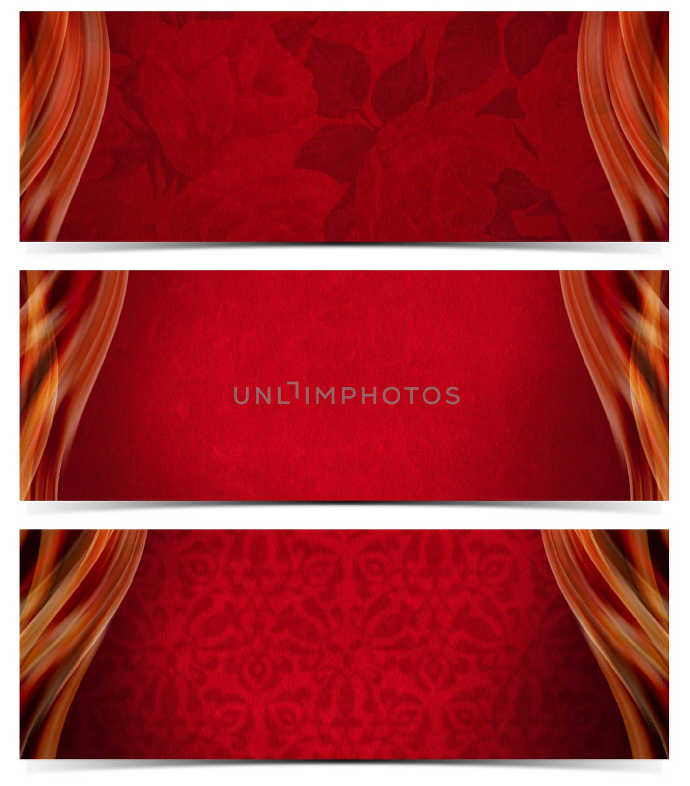 Set of three luxury banners or headers with red floral texture and blurred waves
