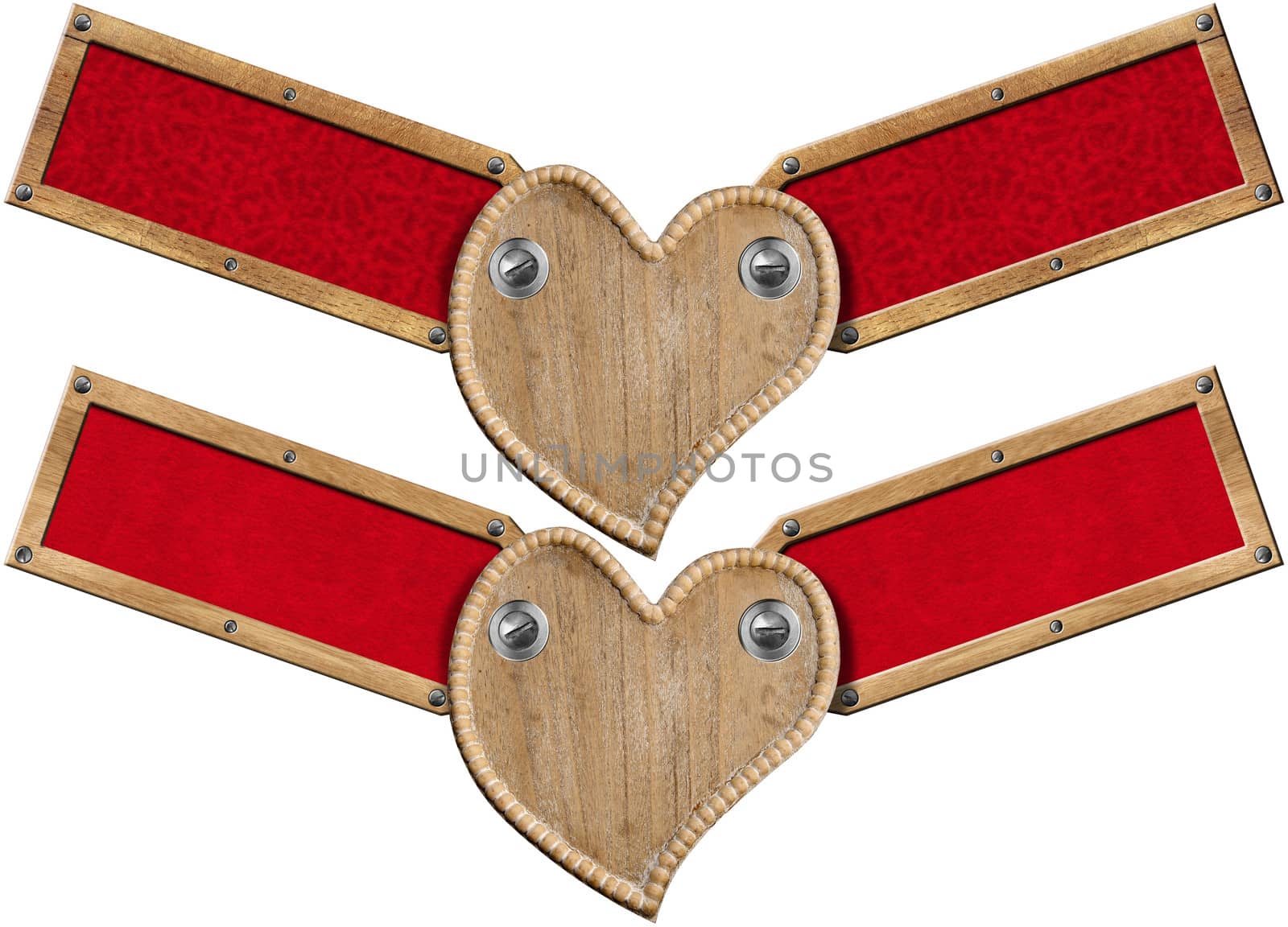 Two Handmade wooden hearts with two wood labels with red velvet interior

