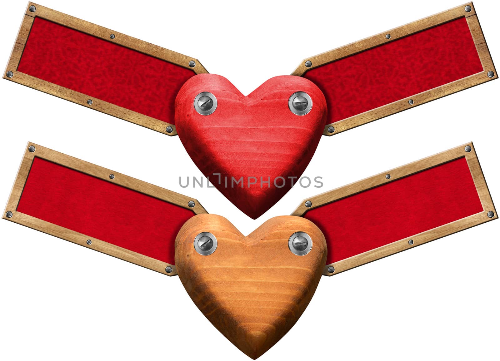 Two Handmade wooden hearts with two wood labels with red velvet interior
