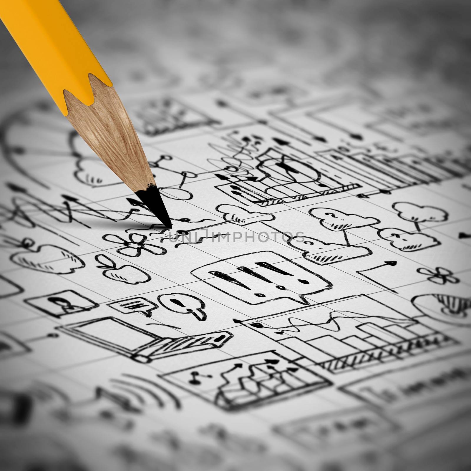 Close up image of pencil sketch with business ideas and strategy